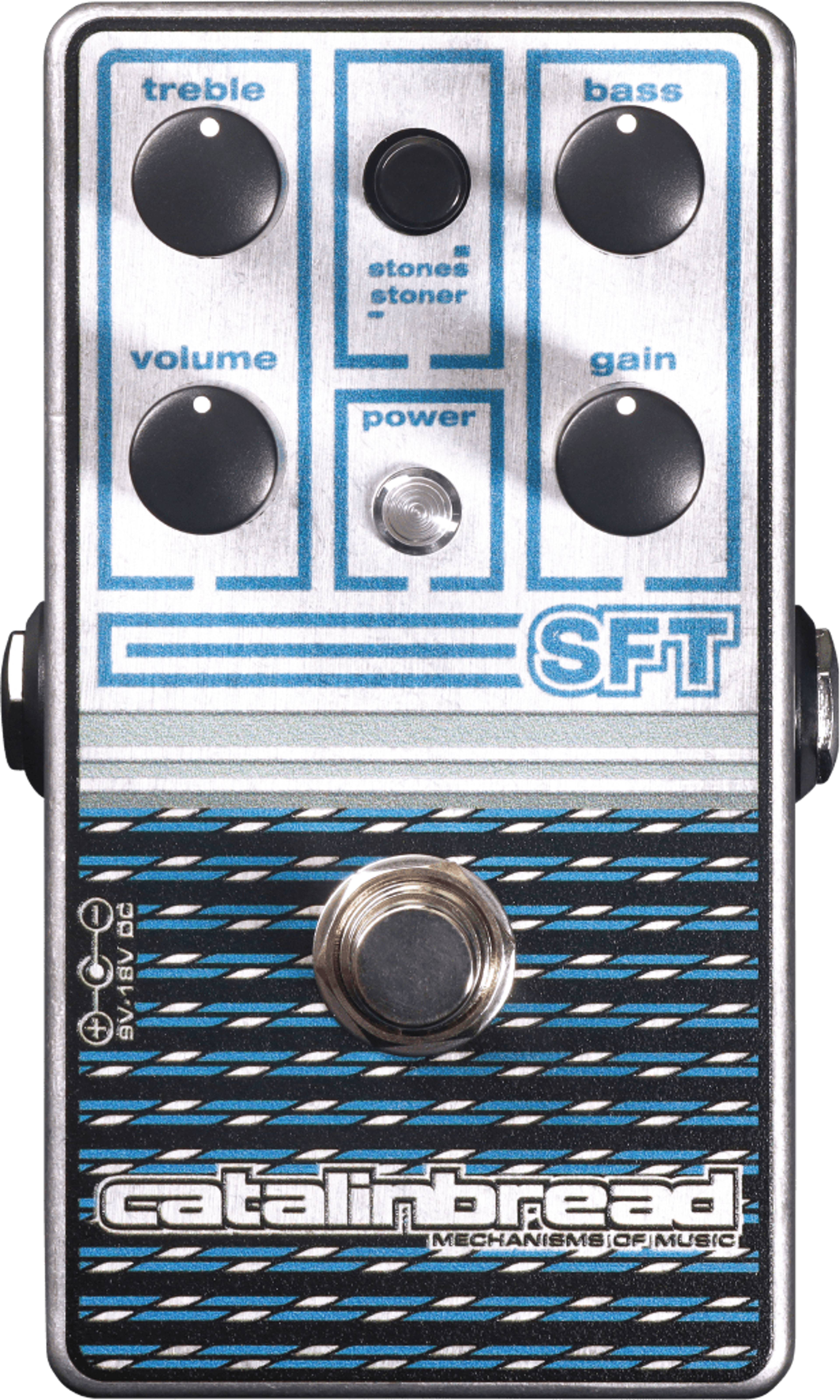 Catalinbread SFT overdrive pedal, top view, silver enclosure with blue line artwork, four knobs, Stones/Stoner switch and footswitch