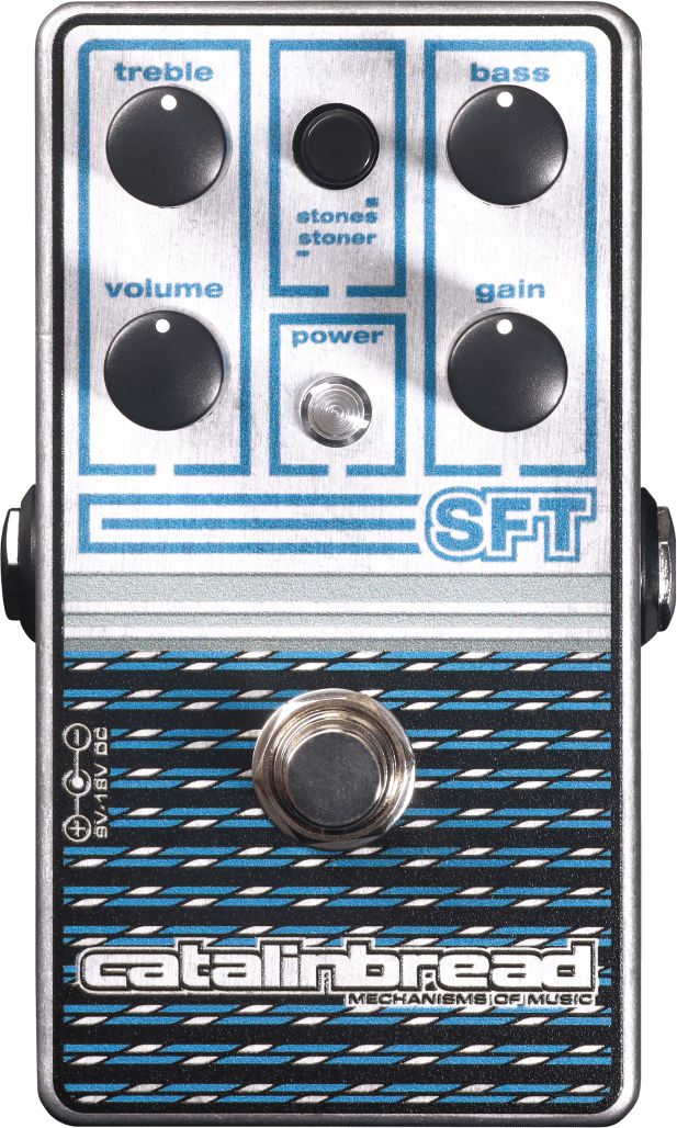 Catalinbread SFT overdrive pedal, top view, silver enclosure with blue line artwork, four knobs, Stones/Stoner switch and footswitch