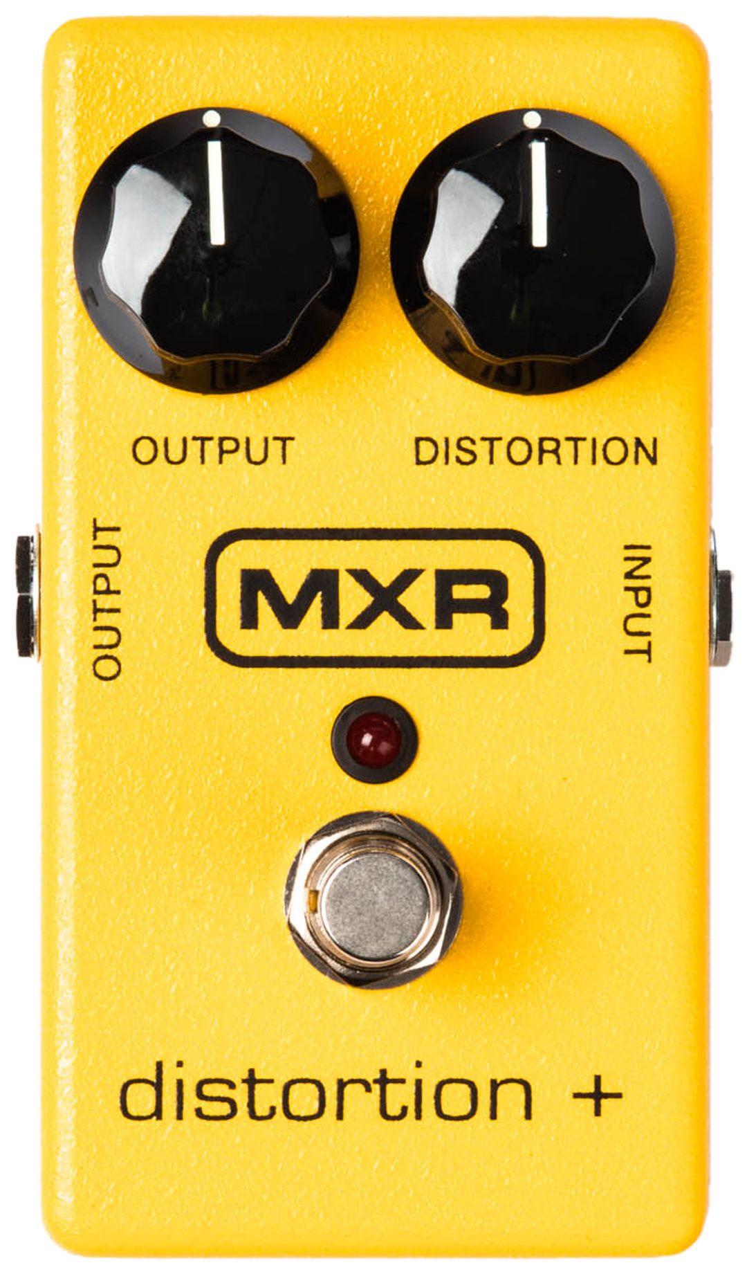 MXR Distortion+ M104, top-down view, yellow enclosure, MXR logo, Output and Distortion knobs, red LED