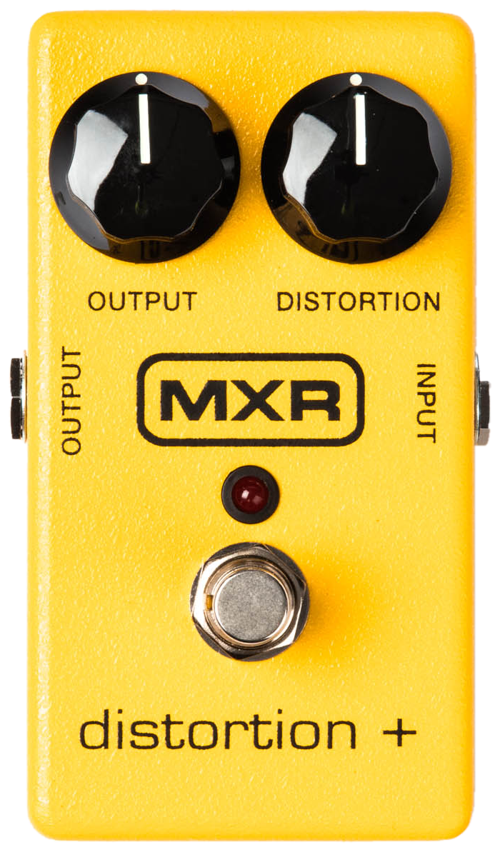 MXR Distortion+ M104, top-down view, yellow enclosure, MXR logo, Output and Distortion knobs, red LED