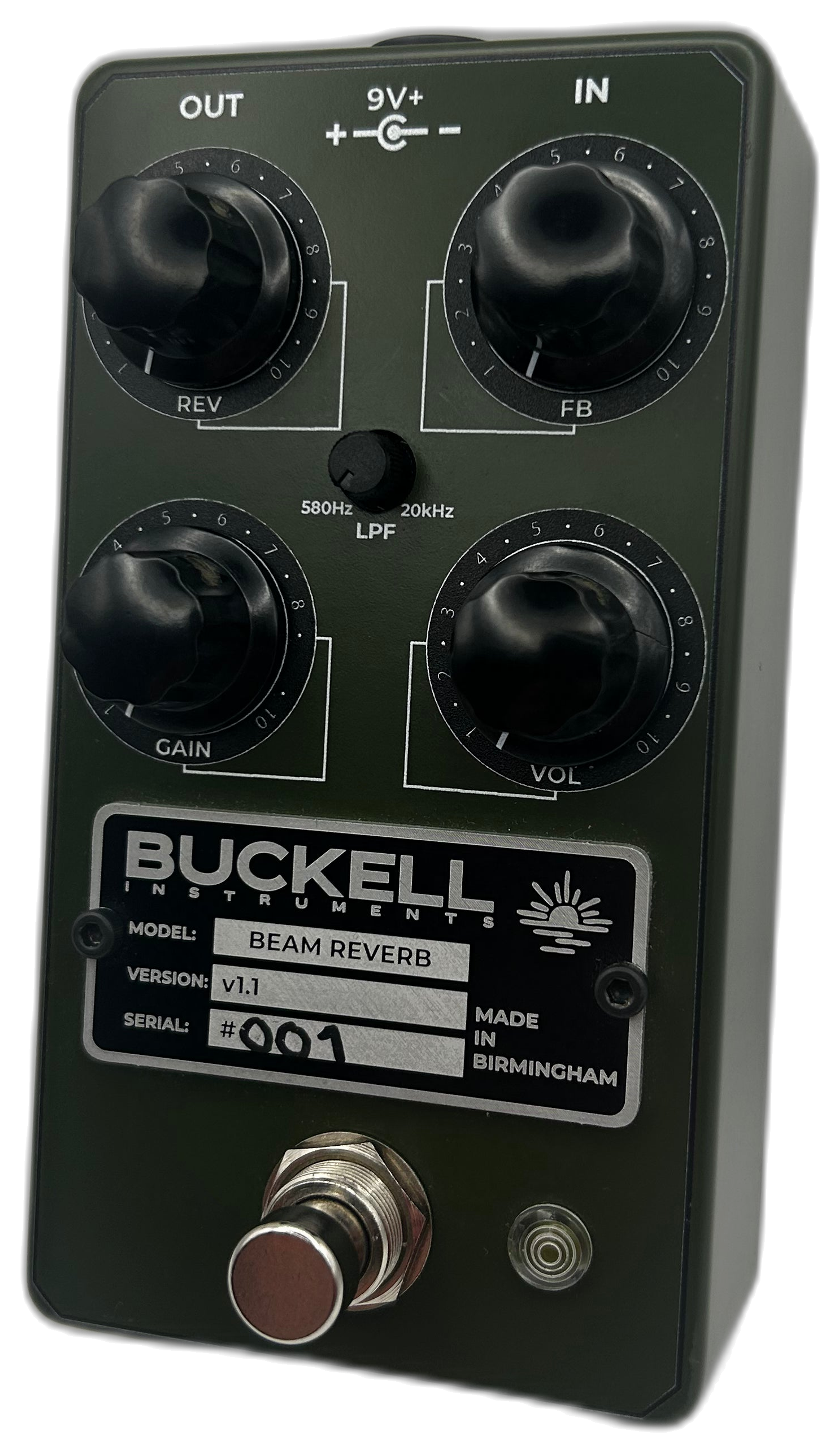 Buckell Instruments Beam Reverb, top-down, olive enclosure, five black knobs, top-mounted jacks