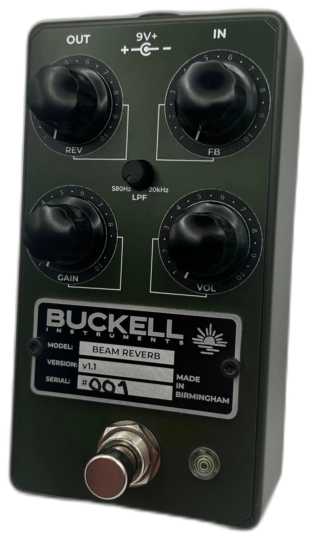 Buckell Instruments Beam Reverb, top-down, olive enclosure, five black knobs, top-mounted jacks