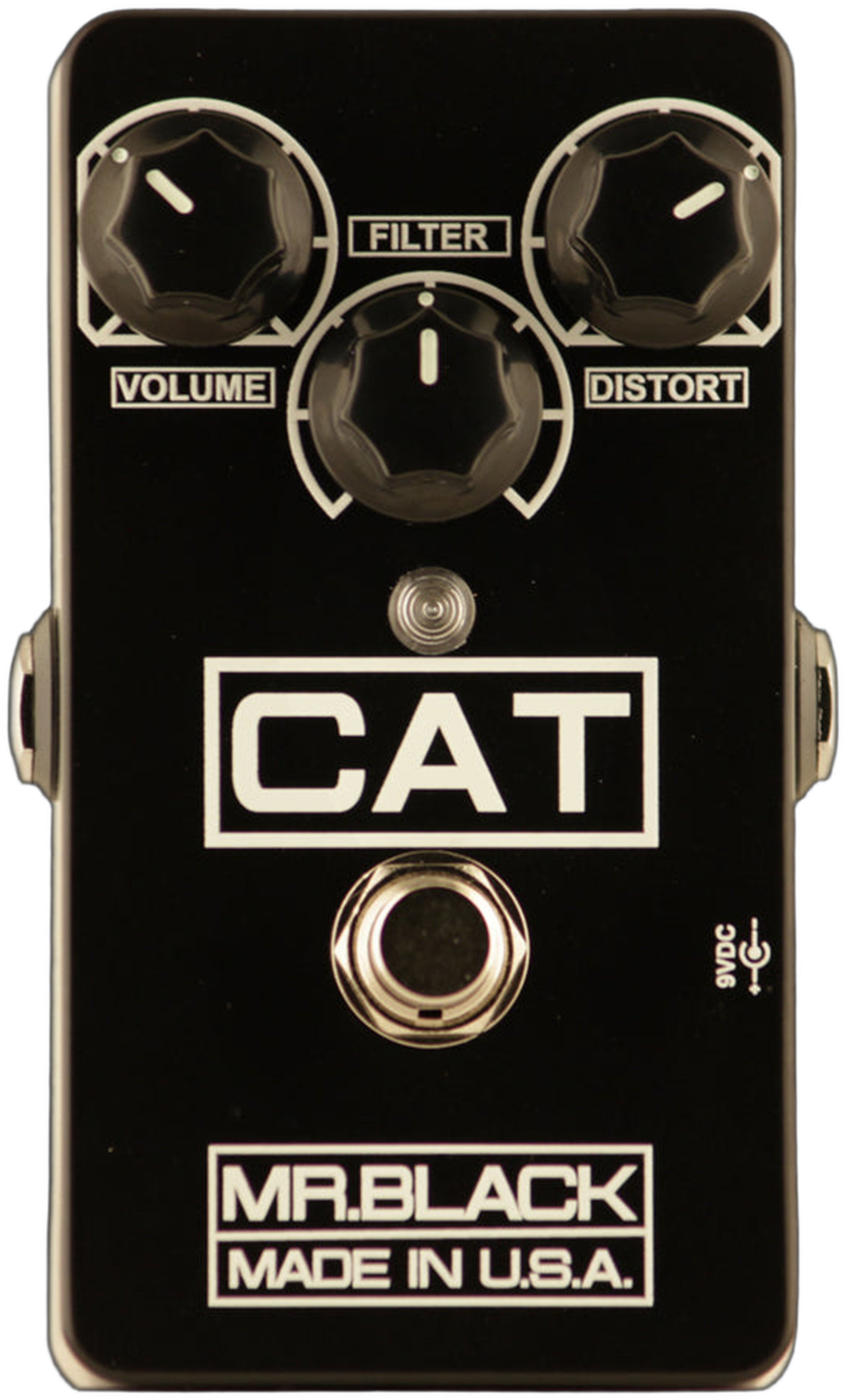 Mr. Black CAT Distortion, front packshot, black Hammond enclosure, Volume Distort Filter knobs