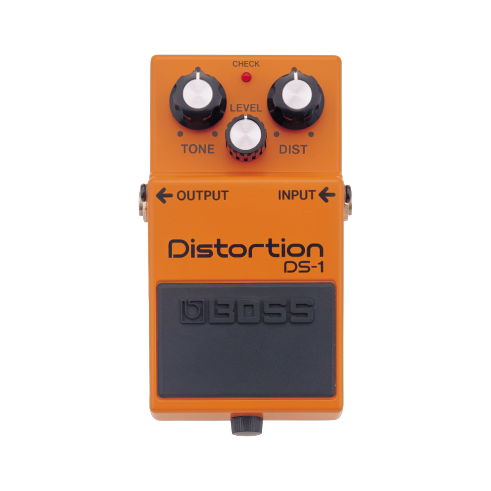 BOSS DS-1 Distortion top view, orange enclosure with Tone Dist and Level knobs and grey rubber footswitch