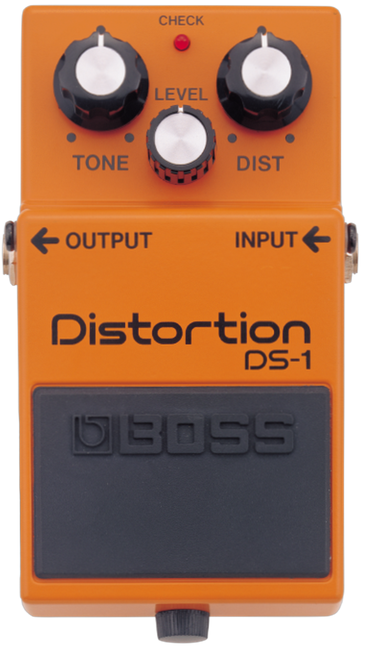 BOSS DS-1 Distortion top view, orange enclosure with Tone Dist and Level knobs and grey rubber footswitch