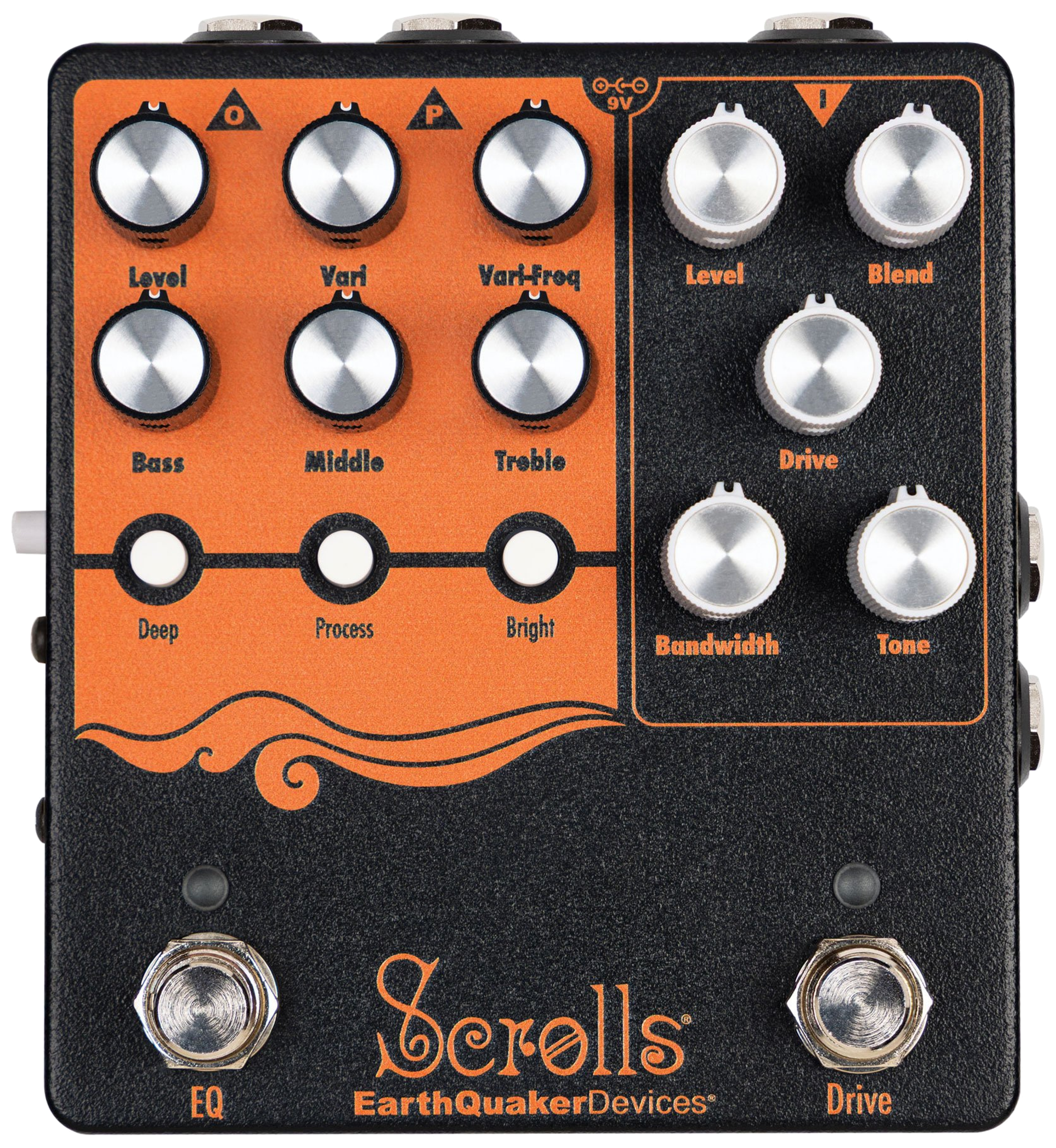 EarthQuaker Devices Scrolls Bass Odyssey, top-down view, orange EQ panel, Deep, Process and Bright buttons, two footswitches