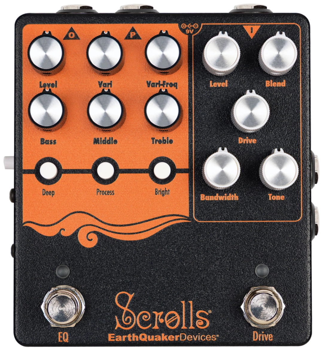 EarthQuaker Devices Scrolls Bass Odyssey, top-down view, orange EQ panel, Deep, Process and Bright buttons, two footswitches