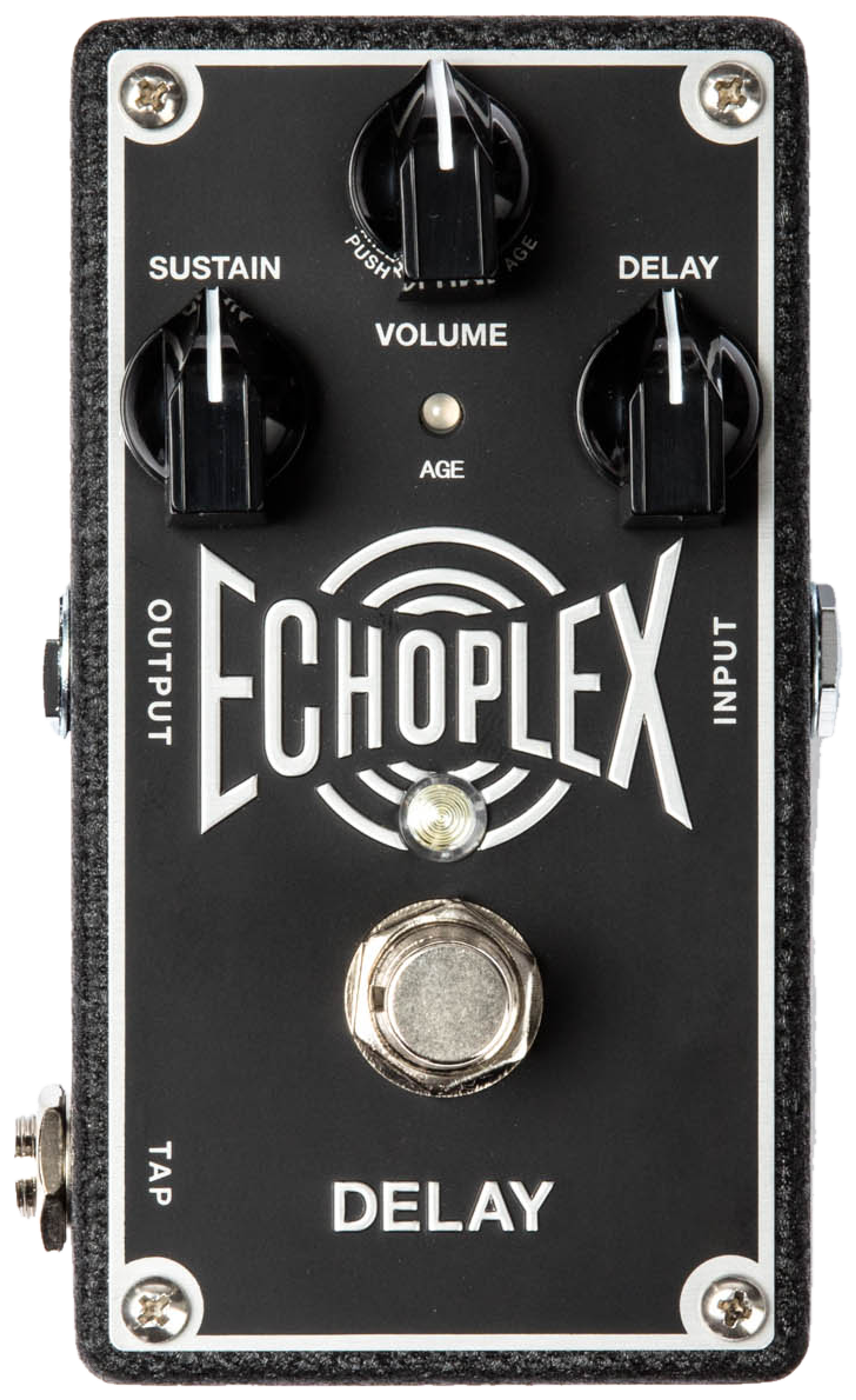 Dunlop EP103 Echoplex Delay, top-down view, black textured enclosure, Sustain, Volume and Delay knobs, chrome Echoplex badge, tap jack