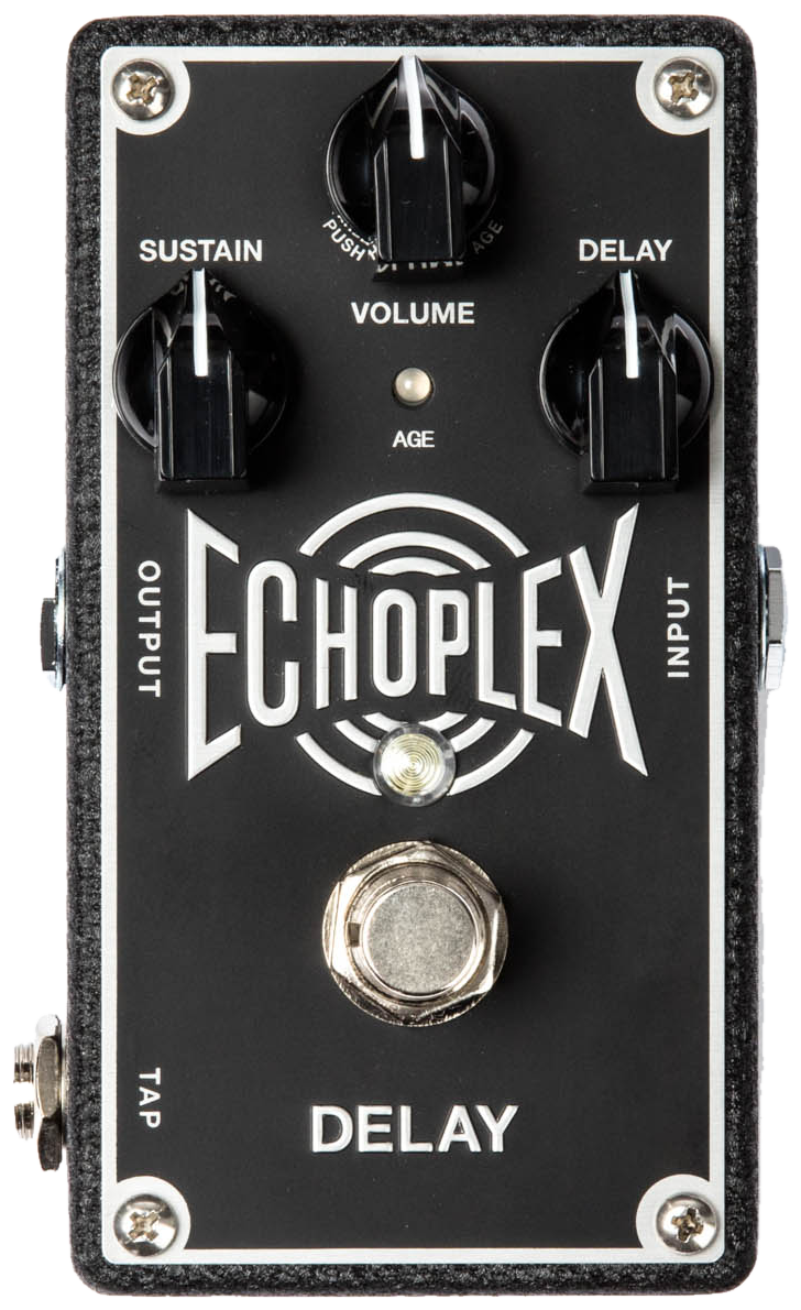 Dunlop EP103 Echoplex Delay, top-down view, black textured enclosure, Sustain, Volume and Delay knobs, chrome Echoplex badge, tap jack