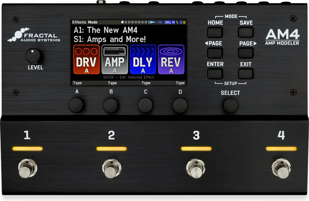 Fractal Audio AM4 amp modeler, top view, black steel enclosure with colour display, knobs and four footswitches