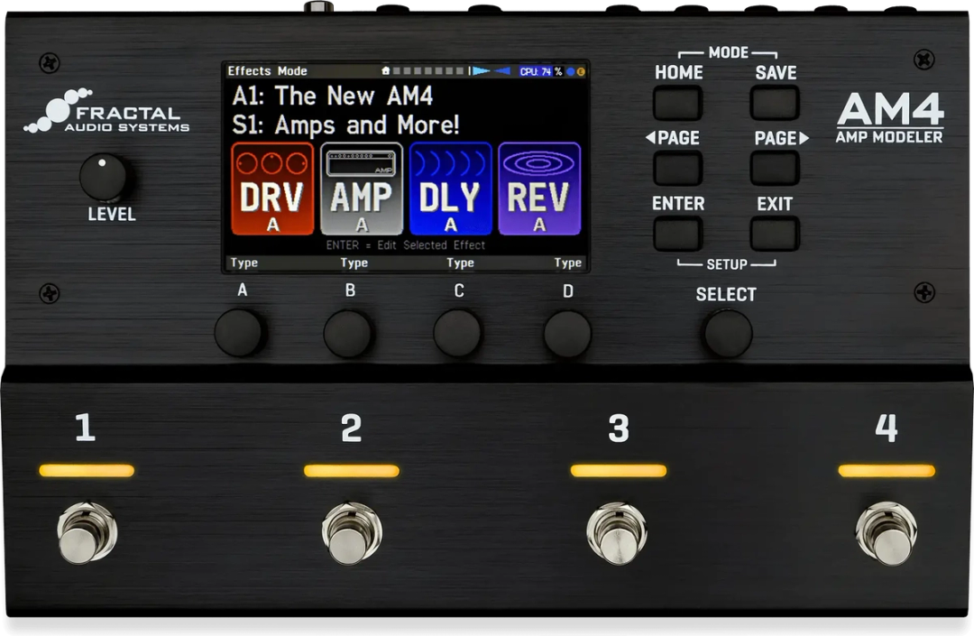 Fractal Audio AM4 amp modeler, top view, black steel enclosure with colour display, knobs and four footswitches