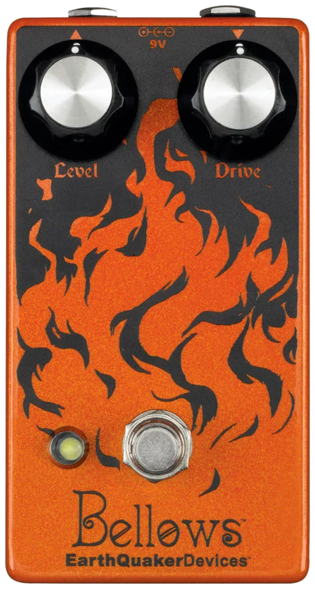 EarthQuaker Devices Bellows Fuzz Driver pedal, top-down view, orange enclosure with Level and Drive knobs, one footswitch and flame artwork