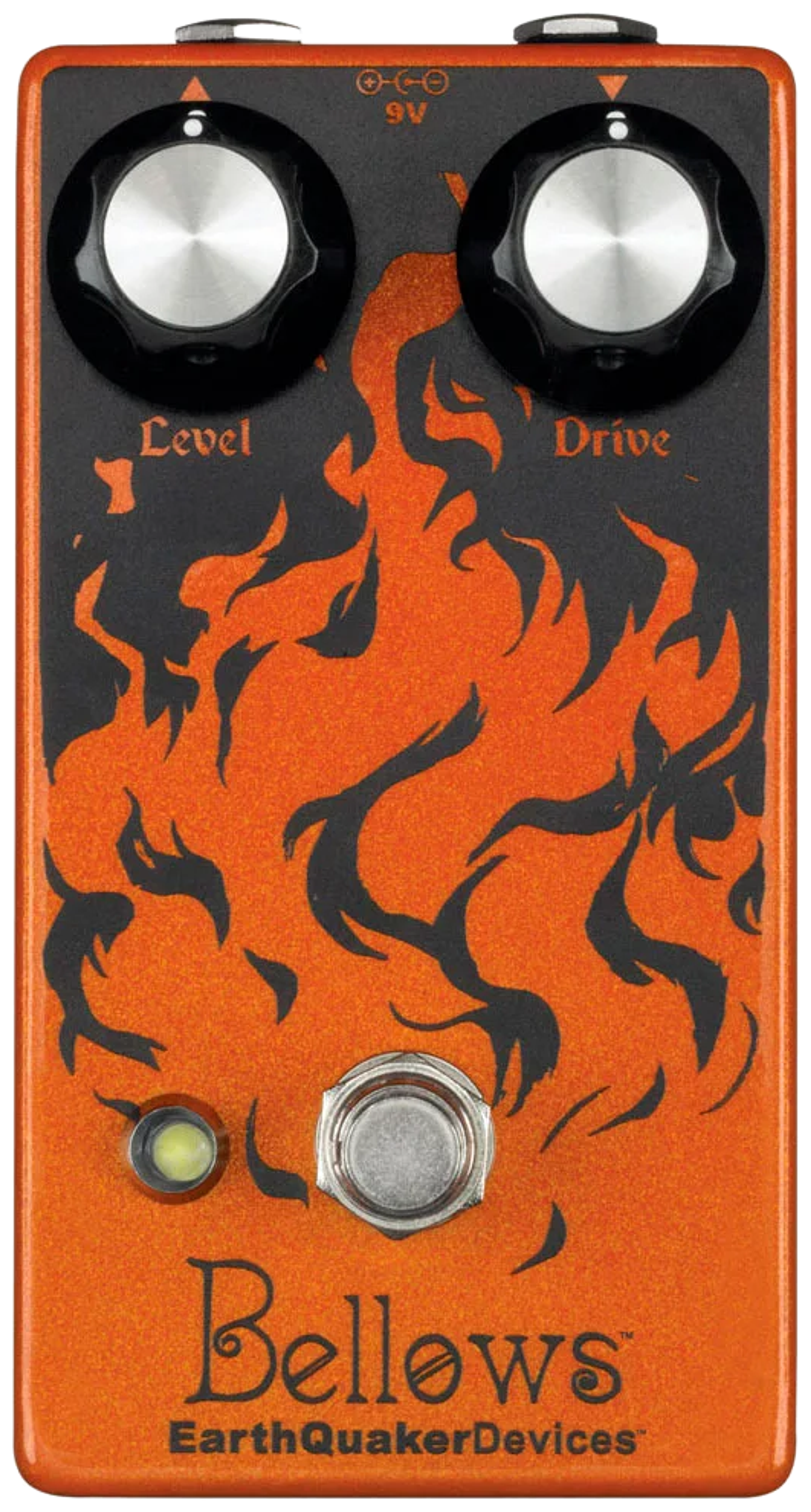 EarthQuaker Devices Bellows Fuzz Driver pedal, top-down view, orange enclosure with Level and Drive knobs, one footswitch and flame artwork