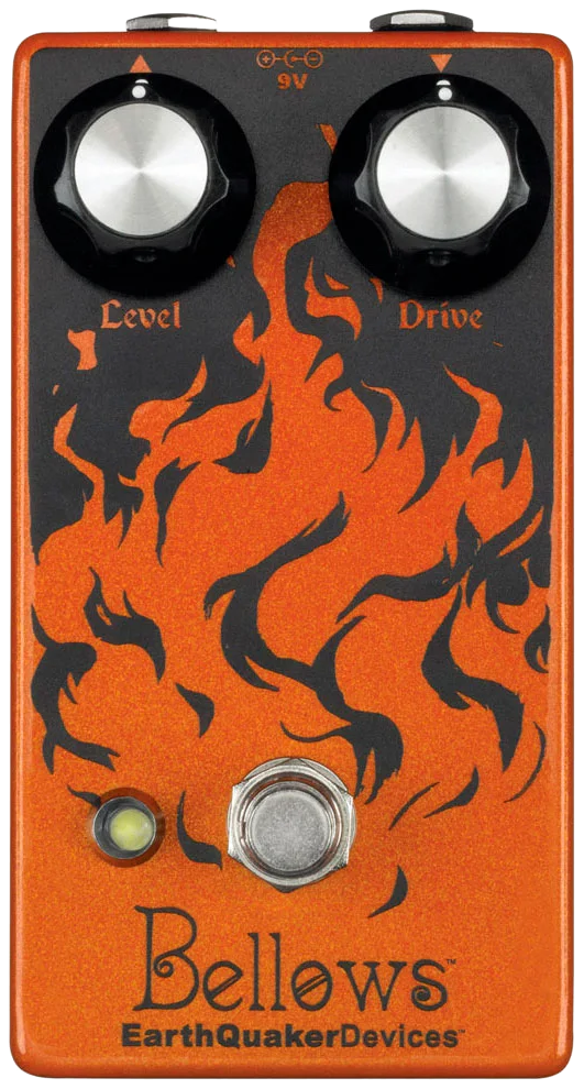 EarthQuaker Devices Bellows Fuzz Driver pedal, top-down view, orange enclosure with Level and Drive knobs, one footswitch and flame artwork