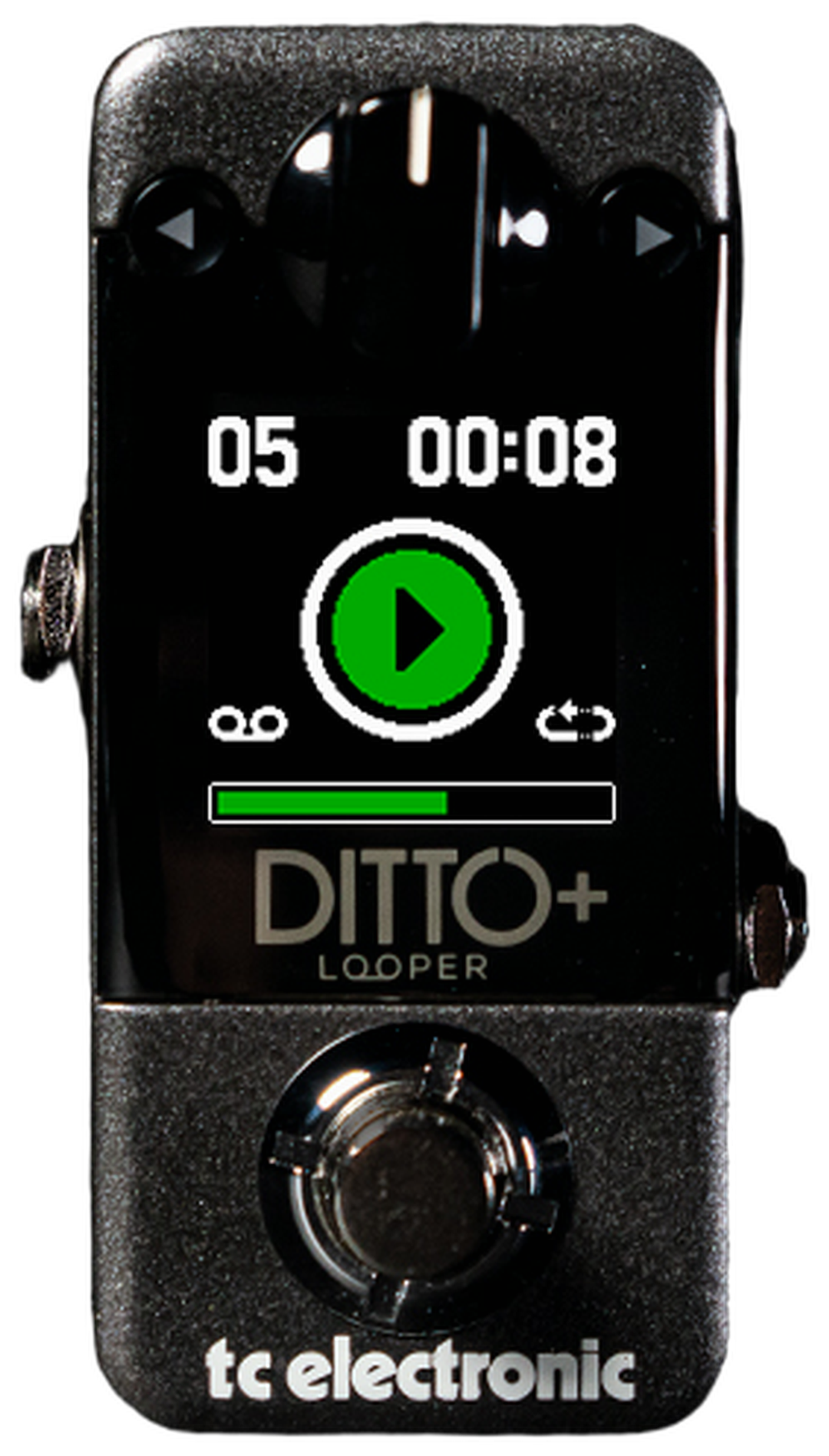 TC Electronic Ditto+, top-down view, charcoal mini with Level knob colour display and footswitch