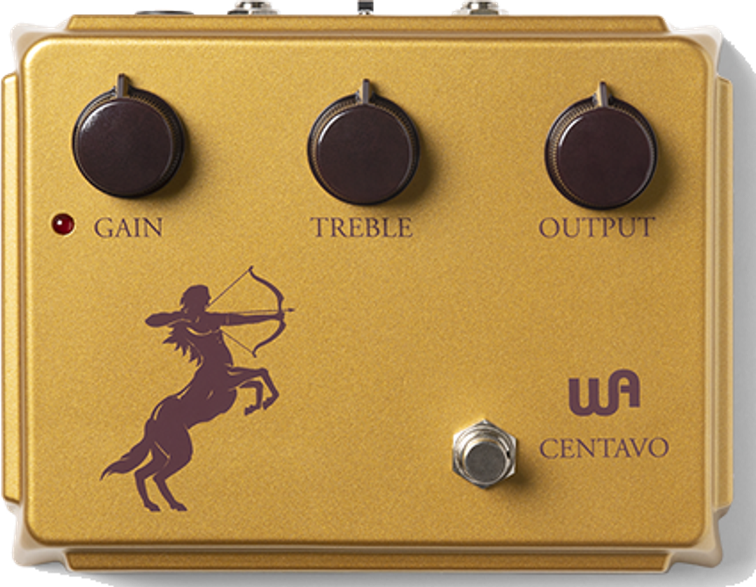 Warm Audio Centavo, top-down view, gold cast enclosure with three oxblood knobs, centaur graphic and footswitch