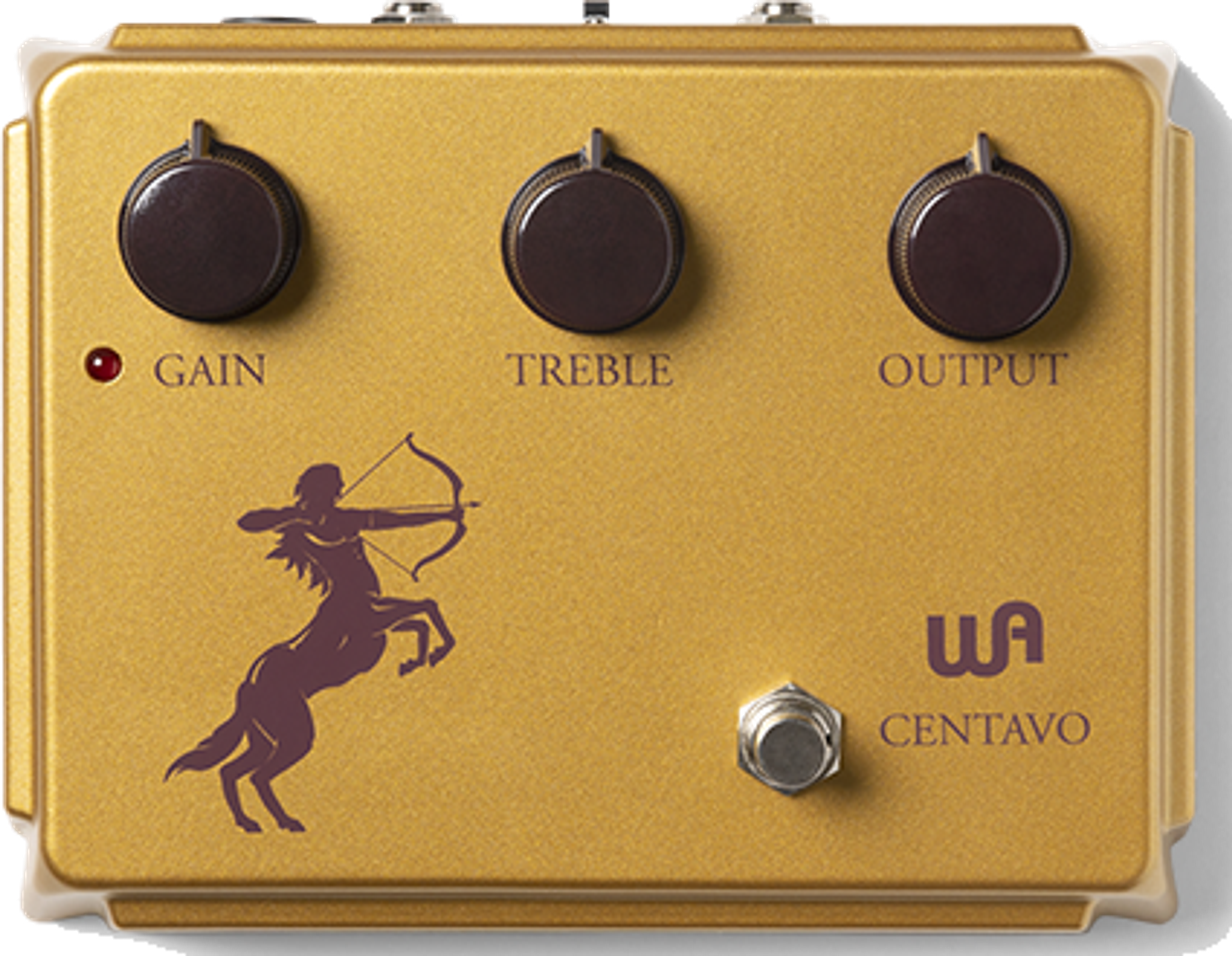 Warm Audio Centavo, top-down view, gold cast enclosure with three oxblood knobs, centaur graphic and footswitch