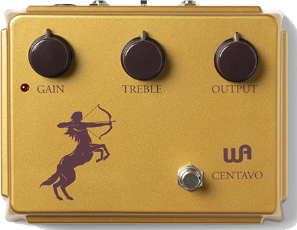 Warm Audio Centavo, top-down view, gold cast enclosure with three oxblood knobs, centaur graphic and footswitch