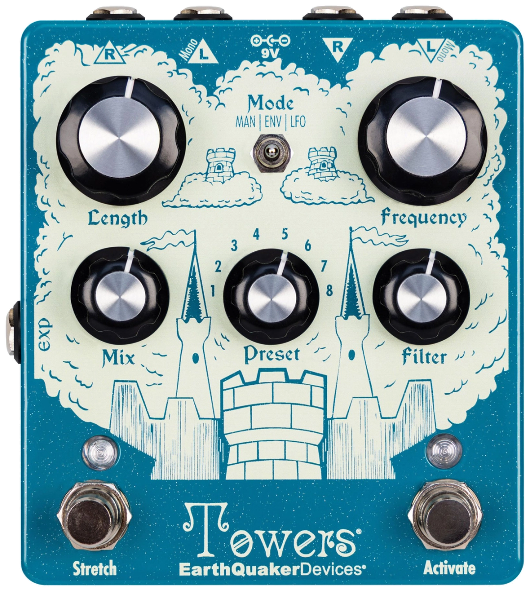 EarthQuaker Devices Towers, top-down view, teal castle artwork, five black knobs, Stretch and Activate footswitches