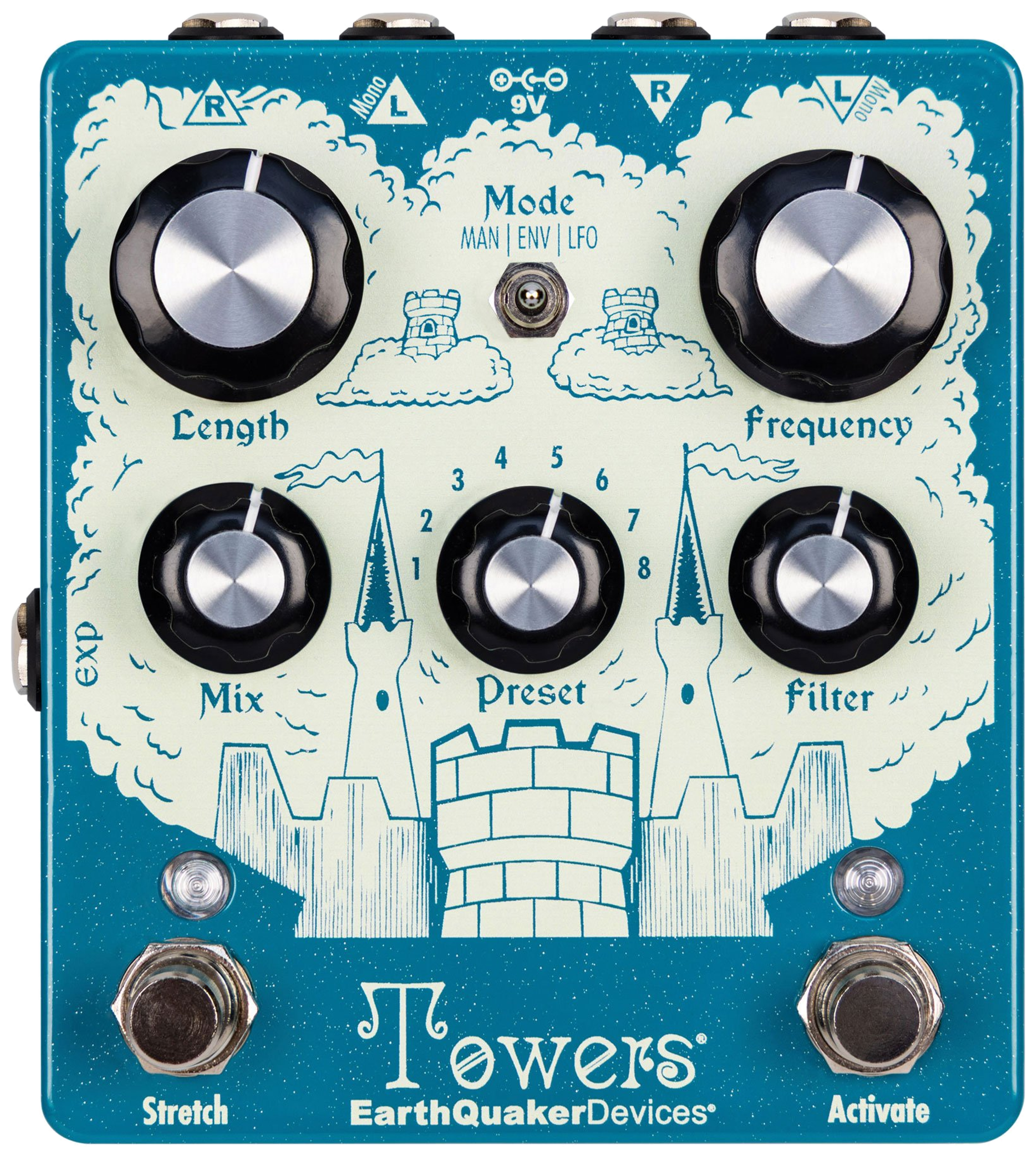 EarthQuaker Devices Towers, top-down view, teal castle artwork, five black knobs, Stretch and Activate footswitches