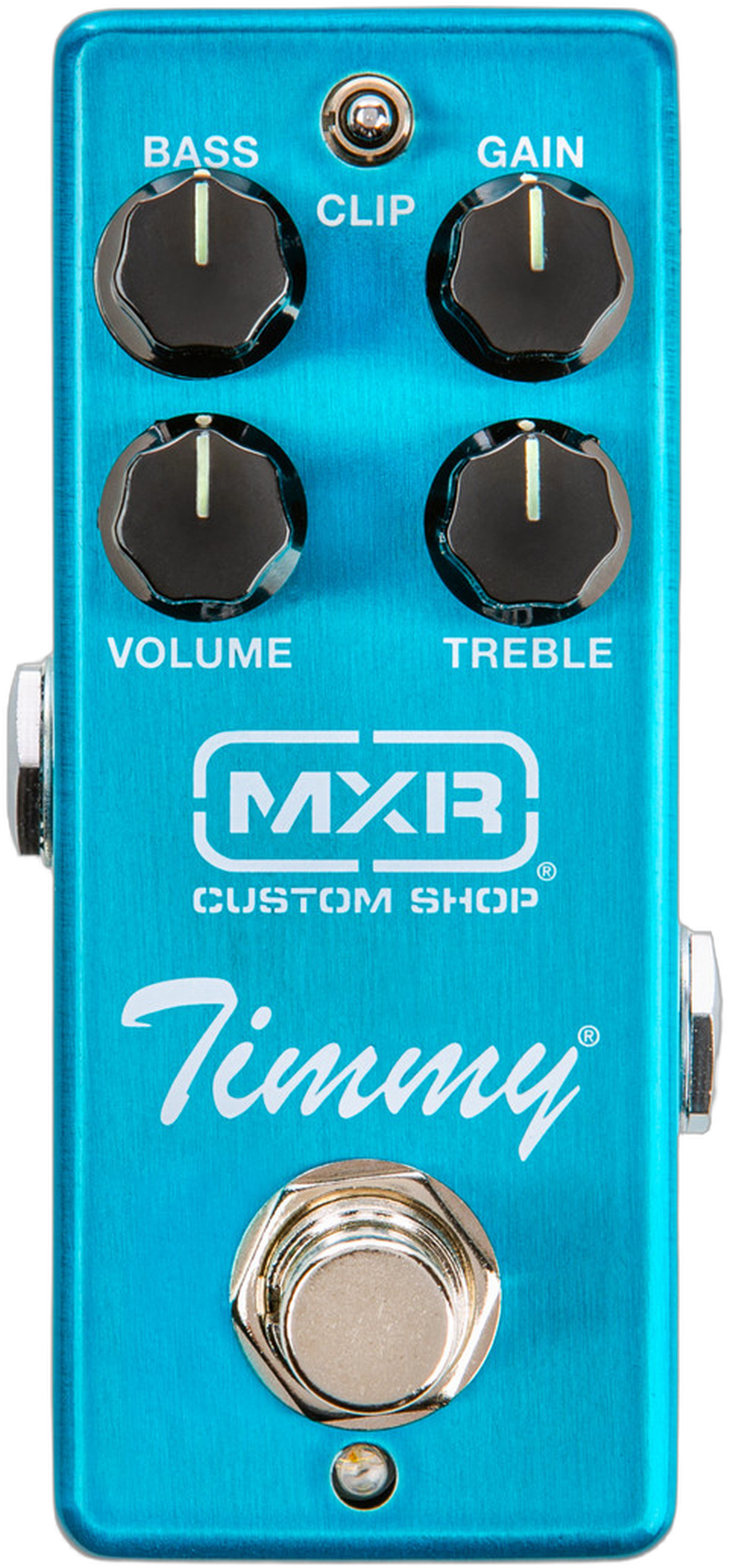 MXR Timmy Overdrive, top view, teal mini enclosure, Bass Gain Volume Treble knobs, Clip switch, Custom Shop logo