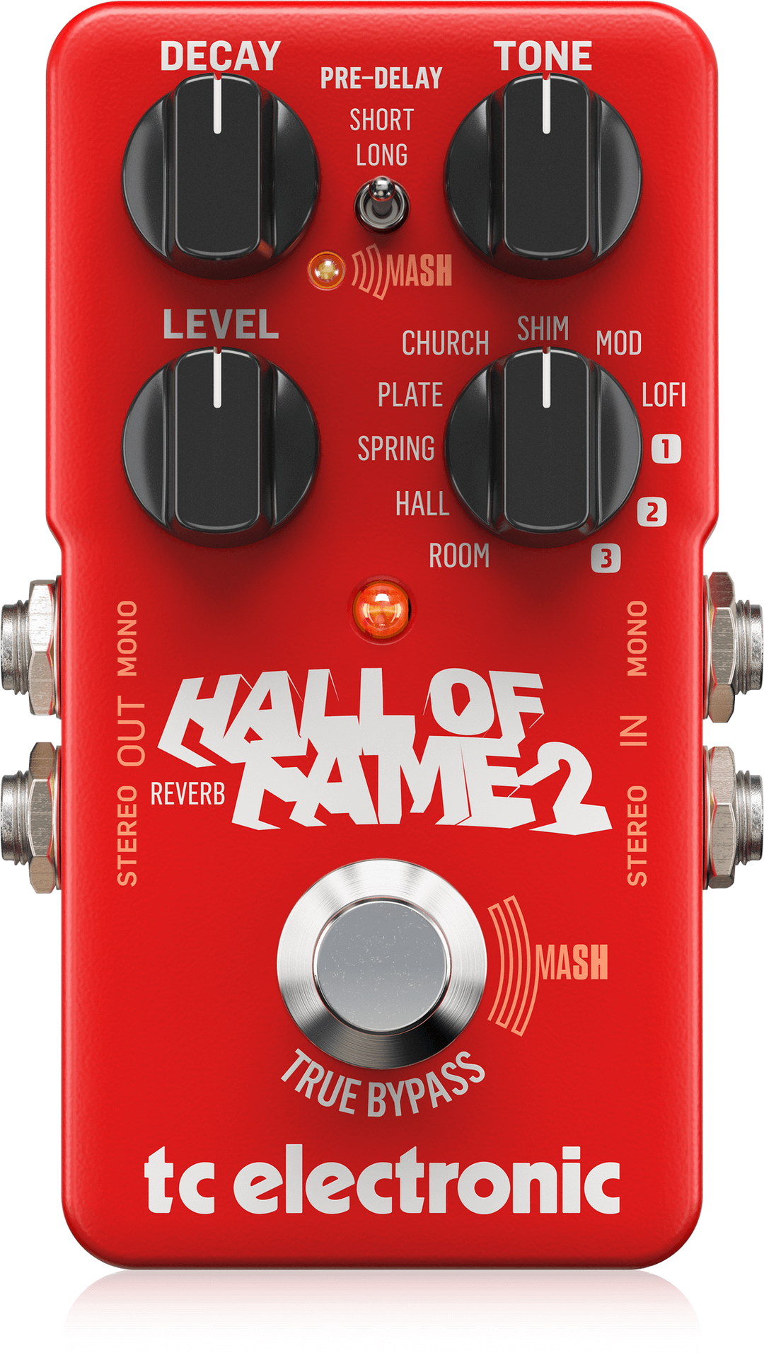 TC Electronic Hall of Fame 2, top-down view, red enclosure, MASH footswitch, mode selector
