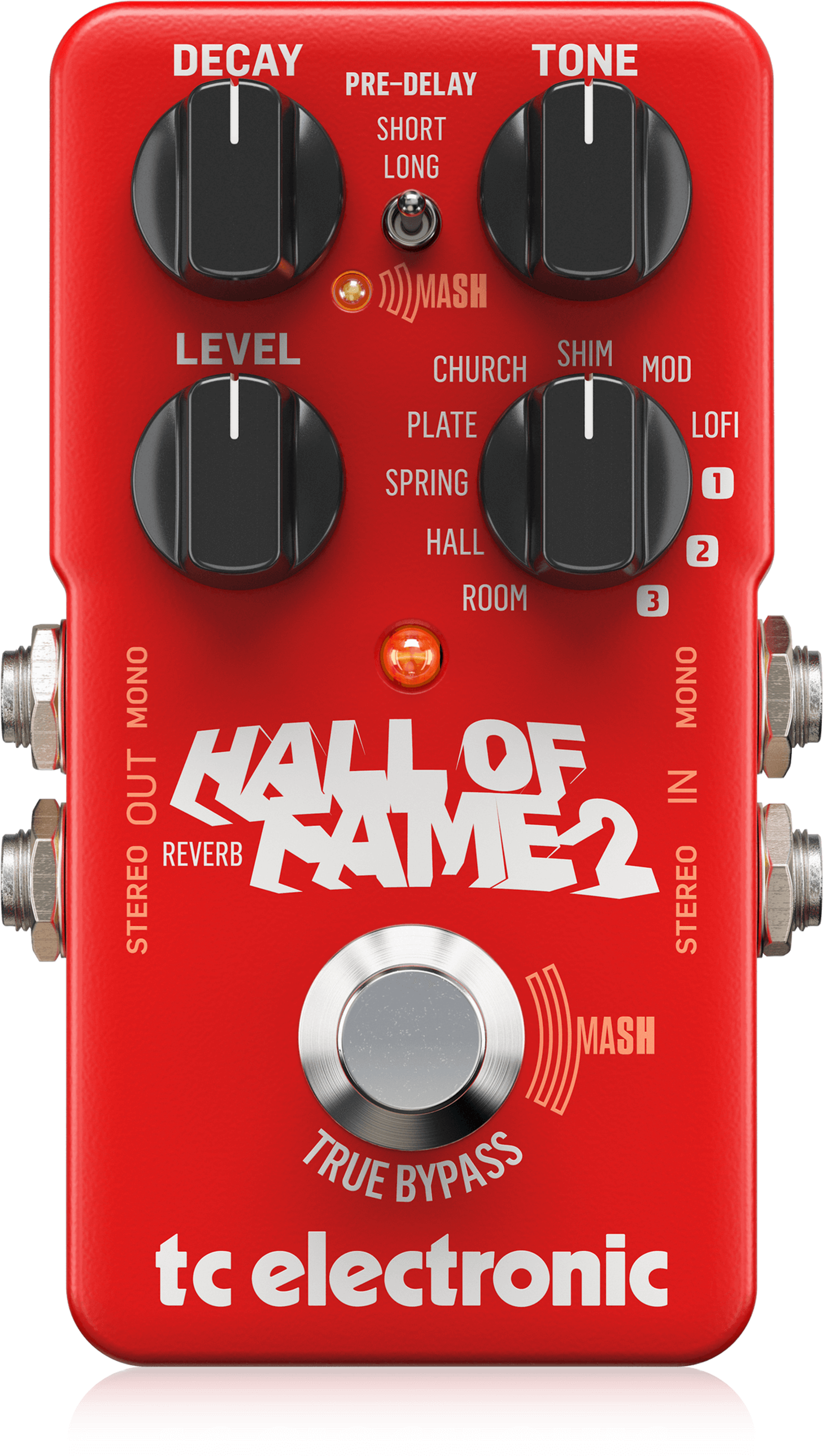 TC Electronic Hall of Fame 2, top-down view, red enclosure, MASH footswitch, mode selector