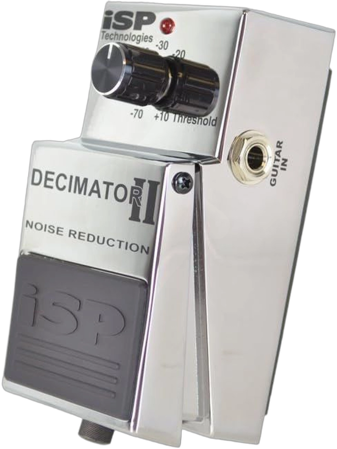ISP Technologies Decimator II, three-quarter view, chrome chassis, Threshold knob, hinged footswitch