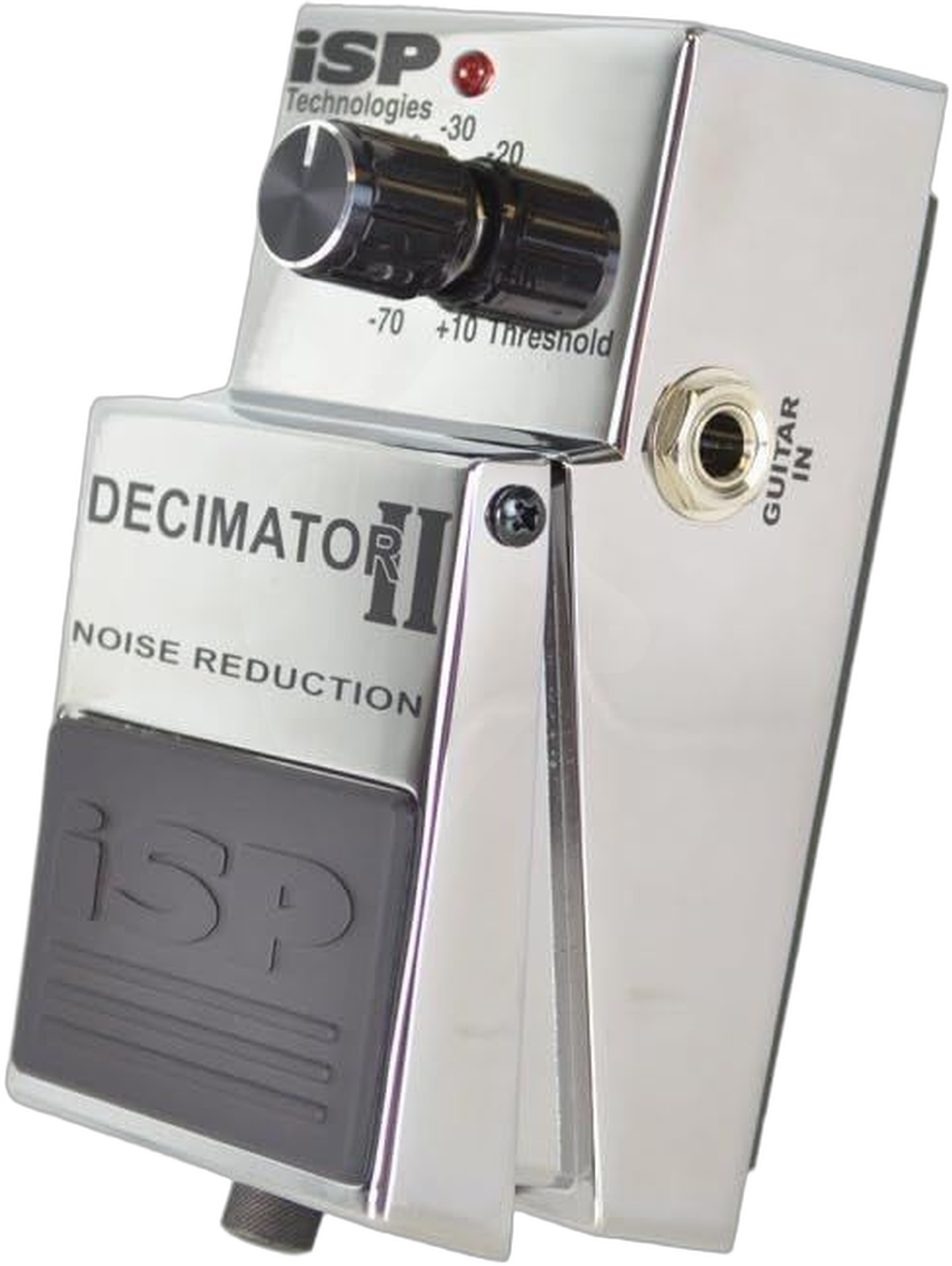 ISP Technologies Decimator II, three-quarter view, chrome chassis, Threshold knob, hinged footswitch