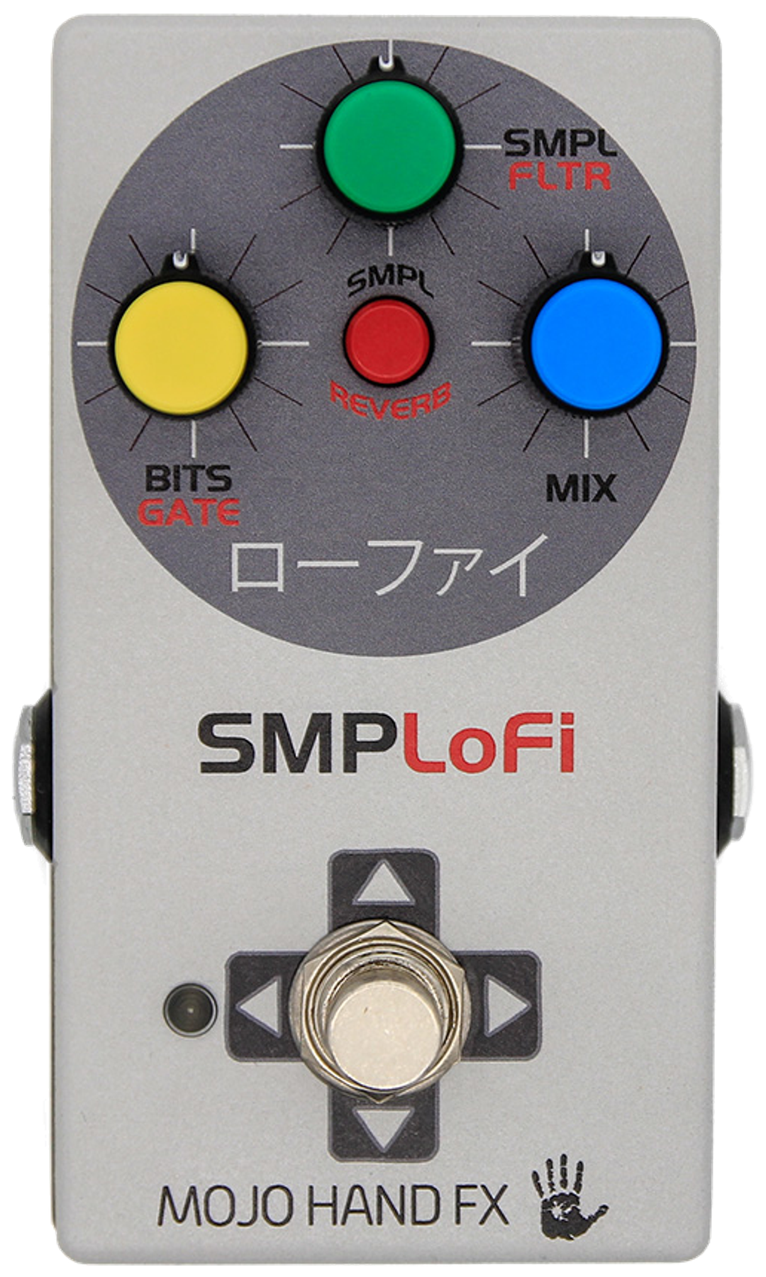 Mojo Hand FX SMPLoFi, top-down view, grey enclosure, yellow, green and blue knobs, red program button