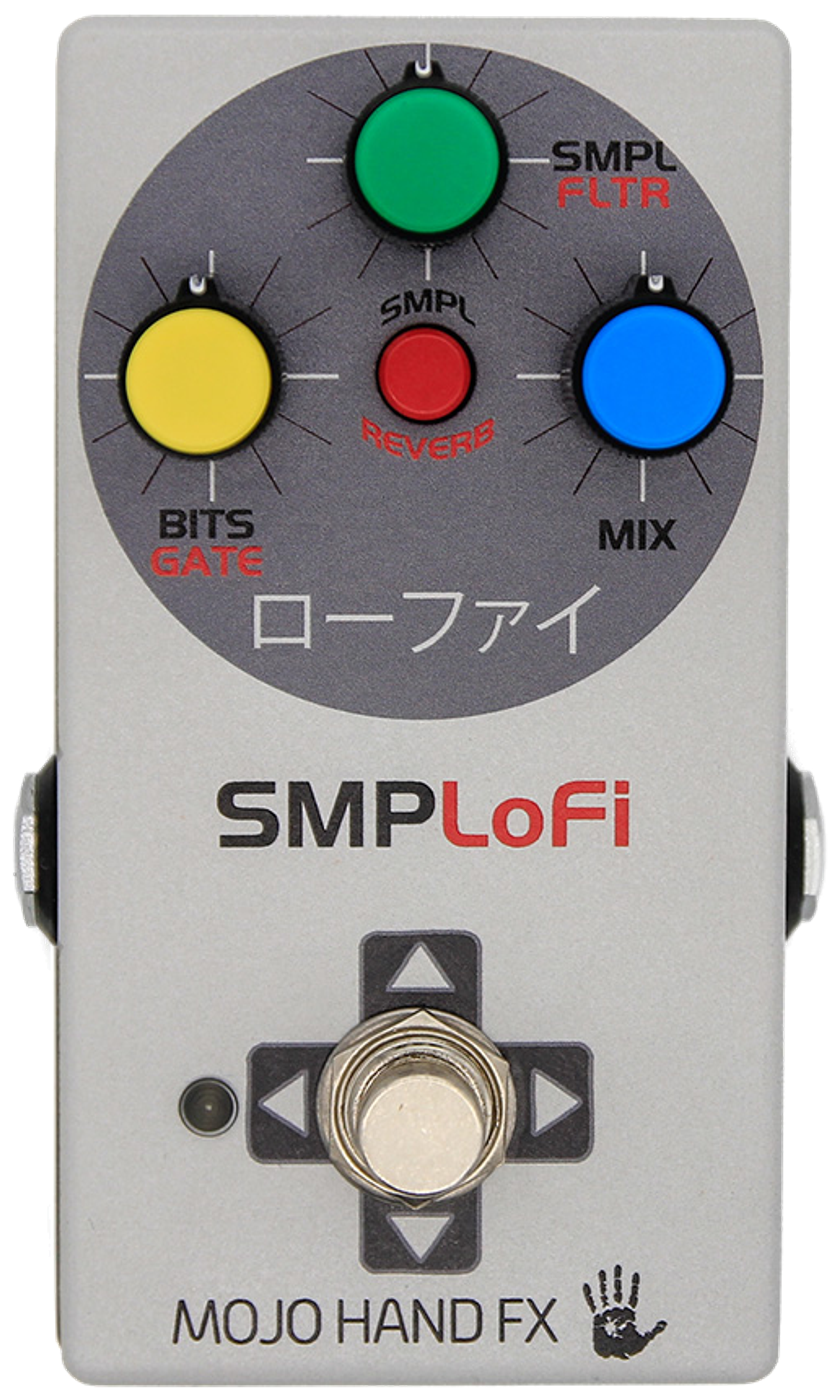 Mojo Hand FX SMPLoFi, top-down view, grey enclosure, yellow, green and blue knobs, red program button