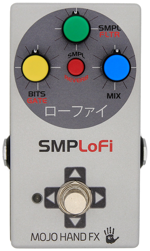 Mojo Hand FX SMPLoFi, top-down view, grey enclosure, yellow, green and blue knobs, red program button