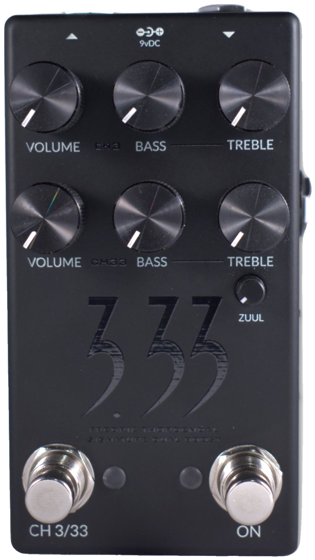 Fortin 3.33, top-down, matte black enclosure with two rows of Volume, Bass and Treble knobs, Zuul mini knob and CH 3/33 and ON footswitches