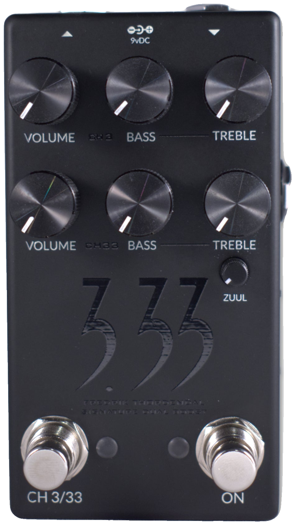 Fortin 3.33 top-down, matte black enclosure with two rows of Volume, Bass and Treble knobs, a Zuul mini knob and CH 3/33 and ON footswitches
