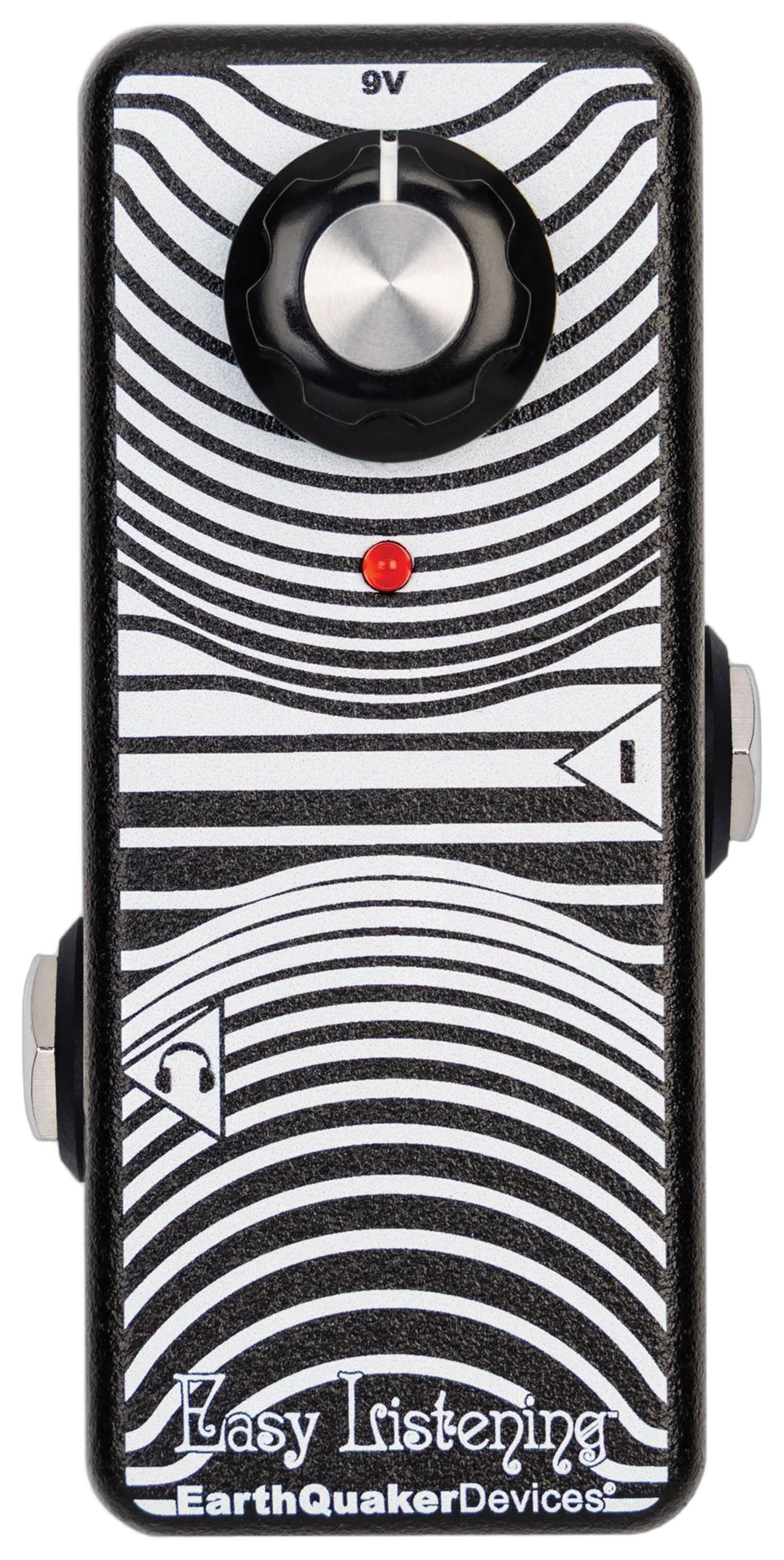 EarthQuaker Devices Easy Listening, top-down view, concentric ripple faceplate, Level knob, headphone-marked TRS out