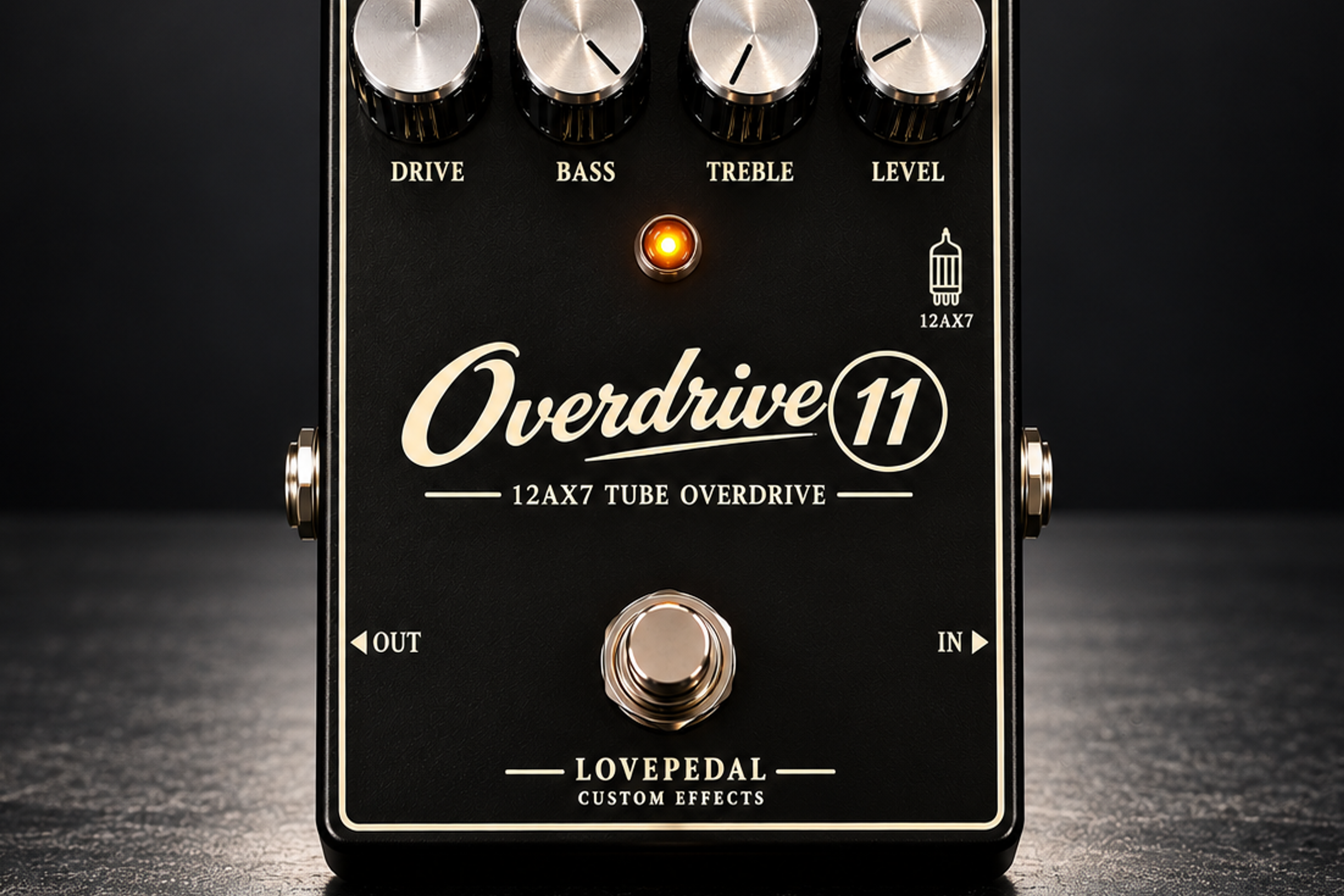 Lovepedal Overdrive 11, front view, black enclosure with Drive, Bass, Treble and Level knobs, a footswitch and 12AX7 tube overdrive lettering