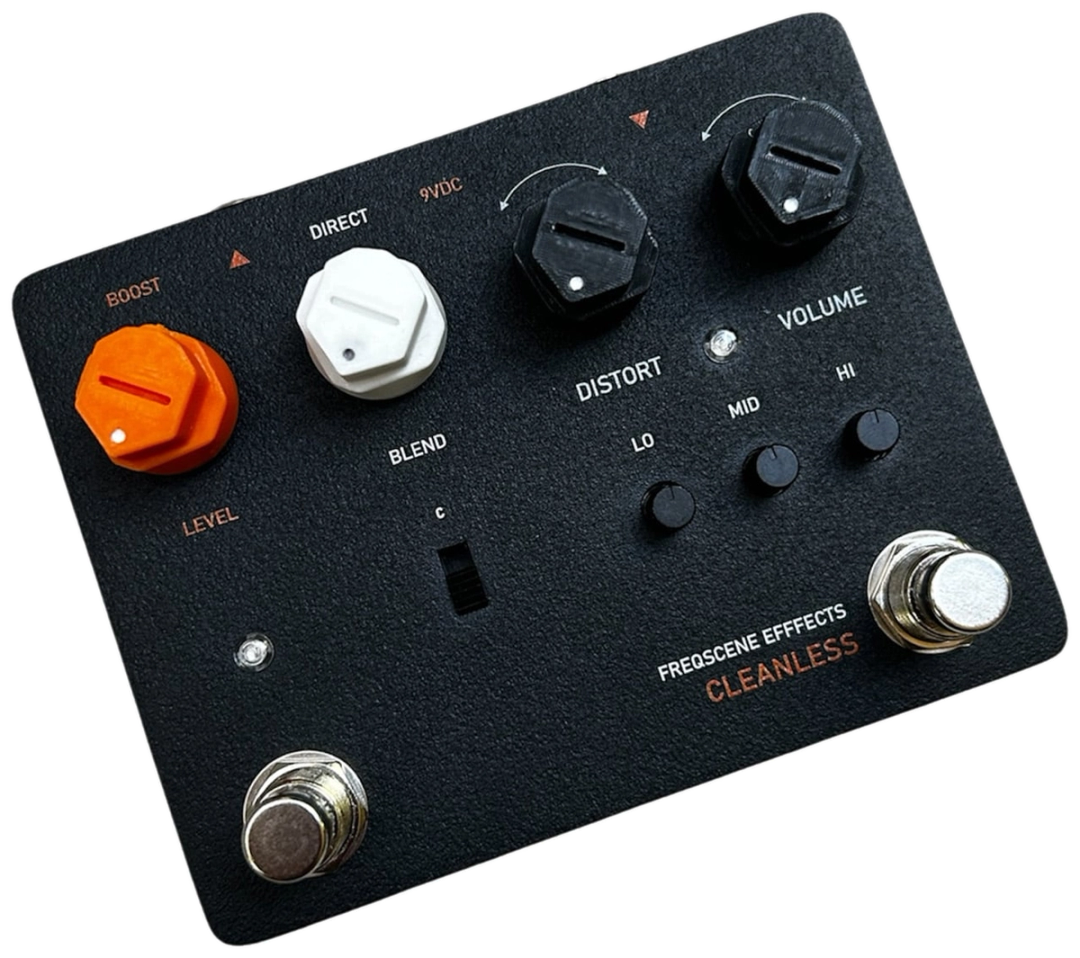 Freqscene Cleanless, angled top view, black enclosure, orange Boost Level and white Direct Blend knobs, Distort and Volume knobs, Lo, Mid and Hi knobs, two footswitches