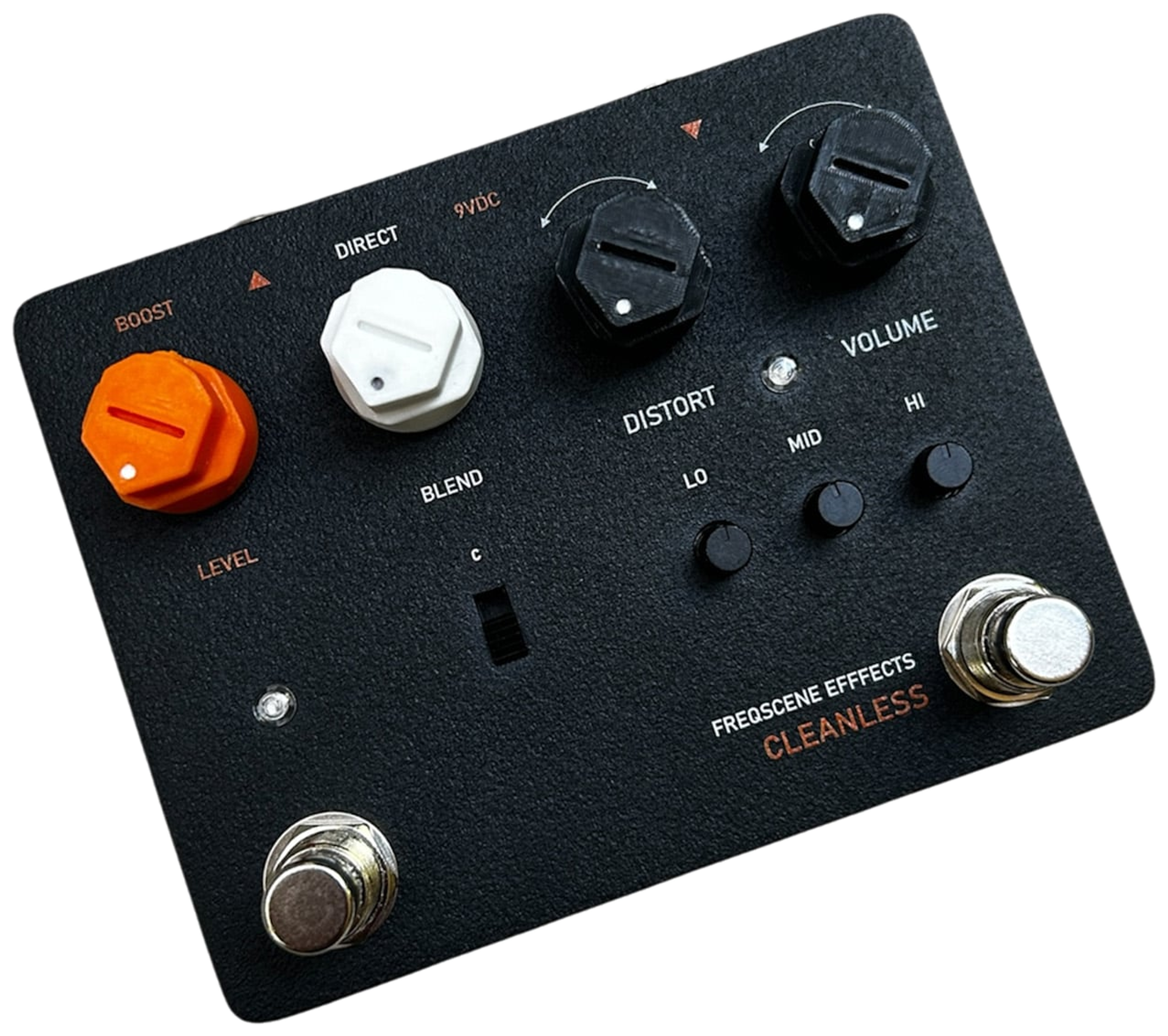 Freqscene Cleanless, angled top view, black enclosure, orange Boost Level and white Direct Blend knobs, Distort and Volume knobs, Lo, Mid and Hi knobs, two footswitches