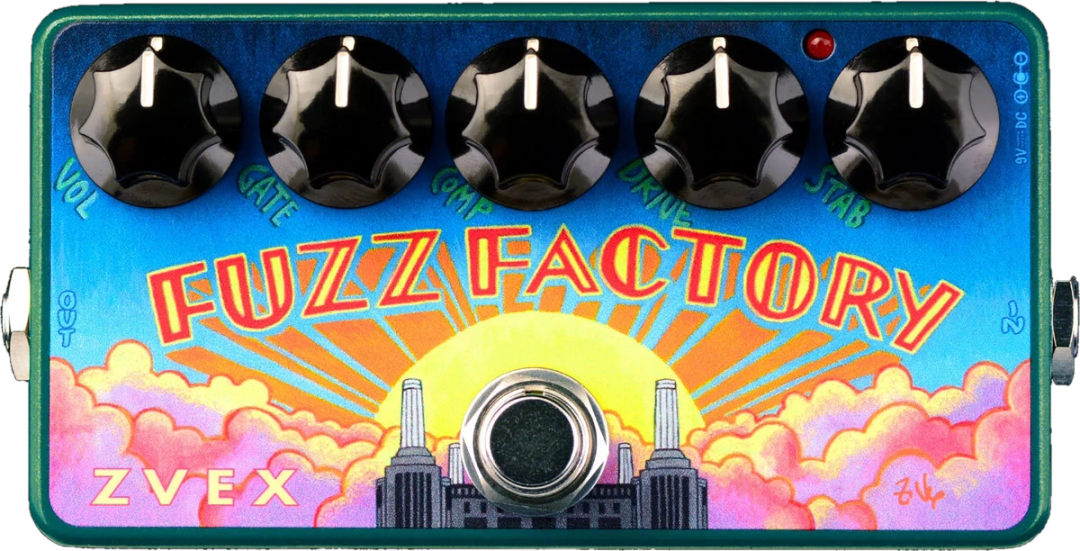 ZVEX Fuzz Factory Vexter fuzz pedal, top-down view, blue and green enclosure with sunrise artwork, five black knobs, red LED and footswitch