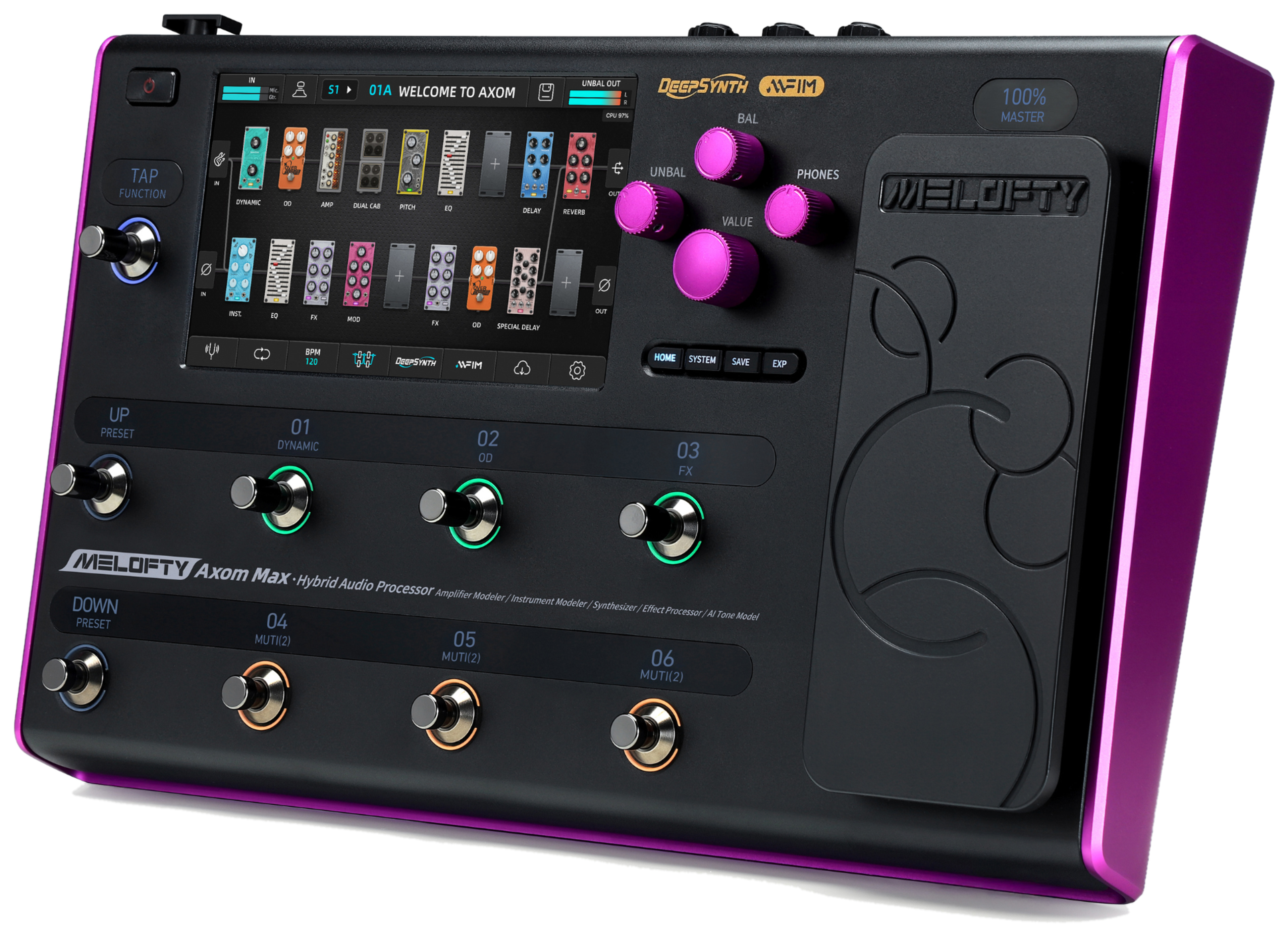Melofty Axom Max, three-quarter view, black floorboard, 7-inch touchscreen, purple side panels and expression pedal