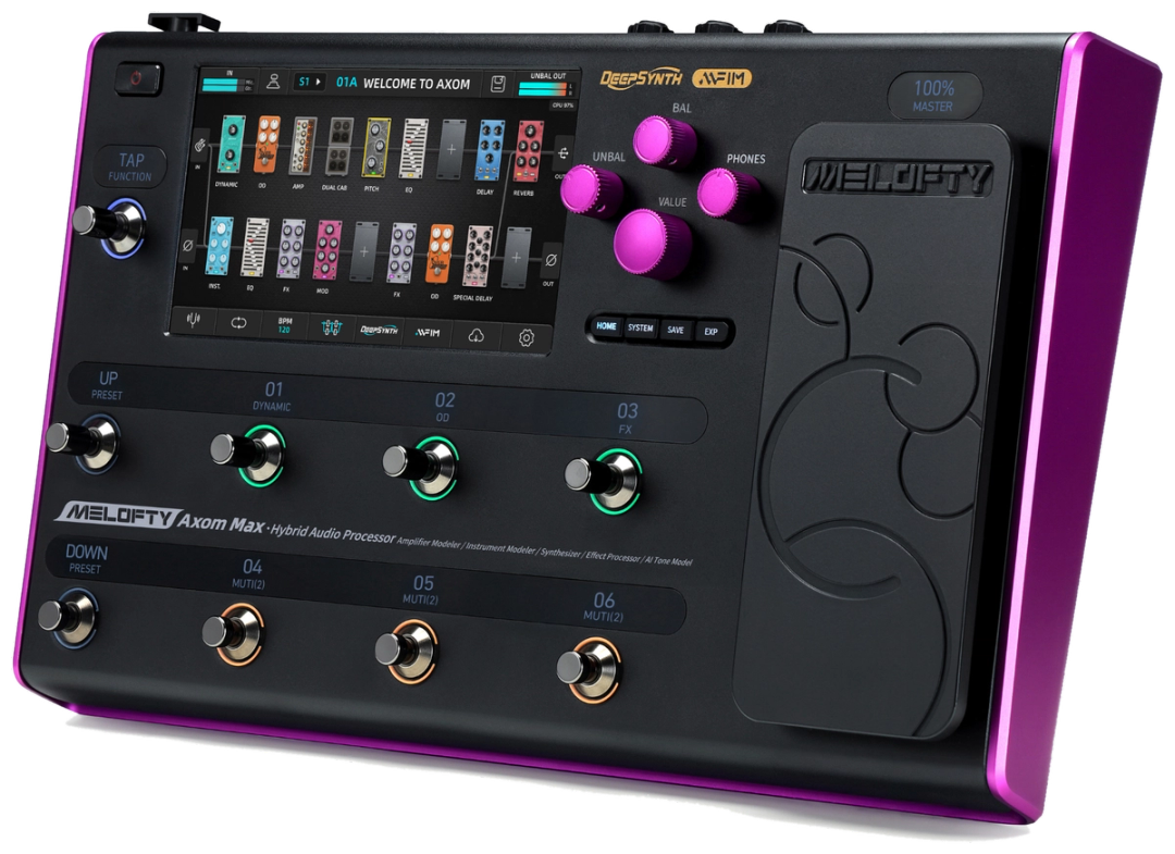 Melofty Axom Max, three-quarter view, black floorboard, 7-inch touchscreen, purple side panels and expression pedal