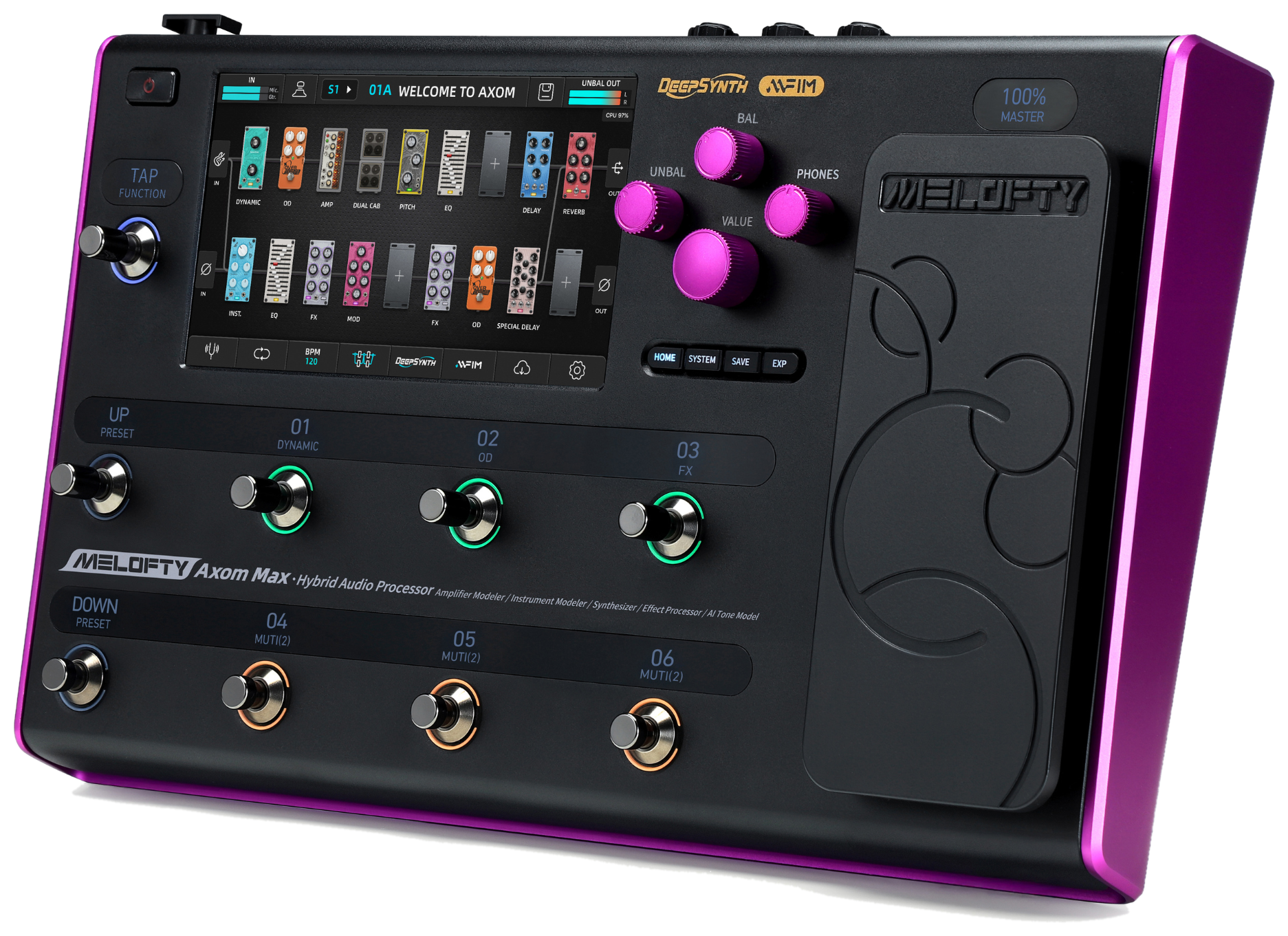 Melofty Axom Max, three-quarter view, black floorboard, 7-inch touchscreen, purple side panels and expression pedal
