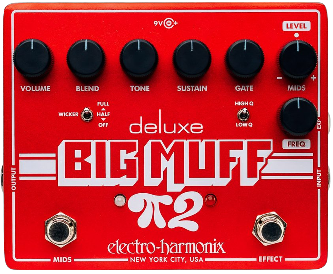 Electro-Harmonix Deluxe Big Muff Pi 2, top-down packshot, red enclosure, seven knobs, two footswitches