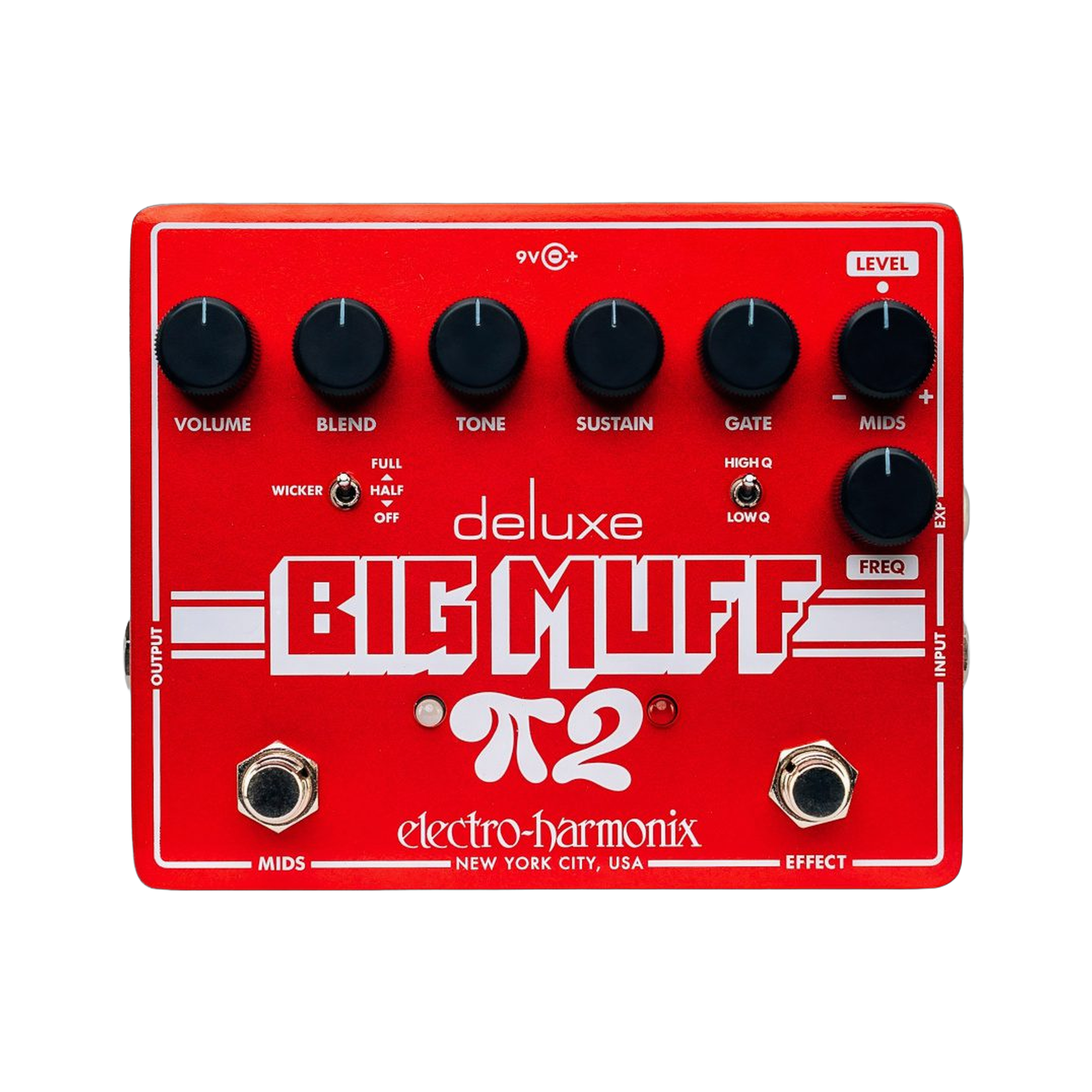 Electro-Harmonix Deluxe Big Muff Pi 2, top-down packshot, red enclosure, seven knobs, two footswitches