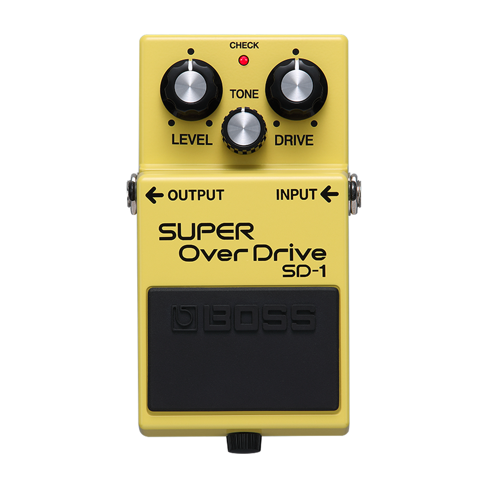 BOSS SD-1 Super Overdrive, top-down packshot, yellow enclosure, LEVEL TONE DRIVE knobs, CHECK LED