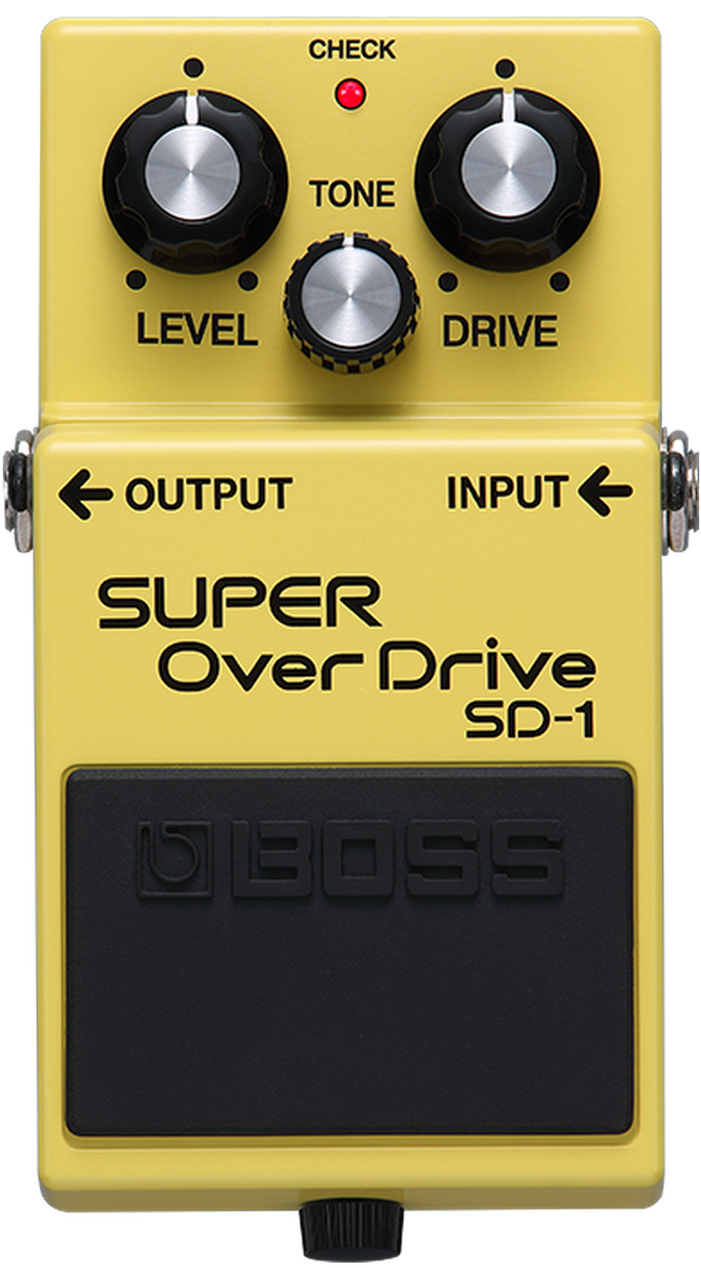 BOSS SD-1 Super Overdrive, top-down packshot, yellow enclosure, LEVEL TONE DRIVE knobs, CHECK LED
