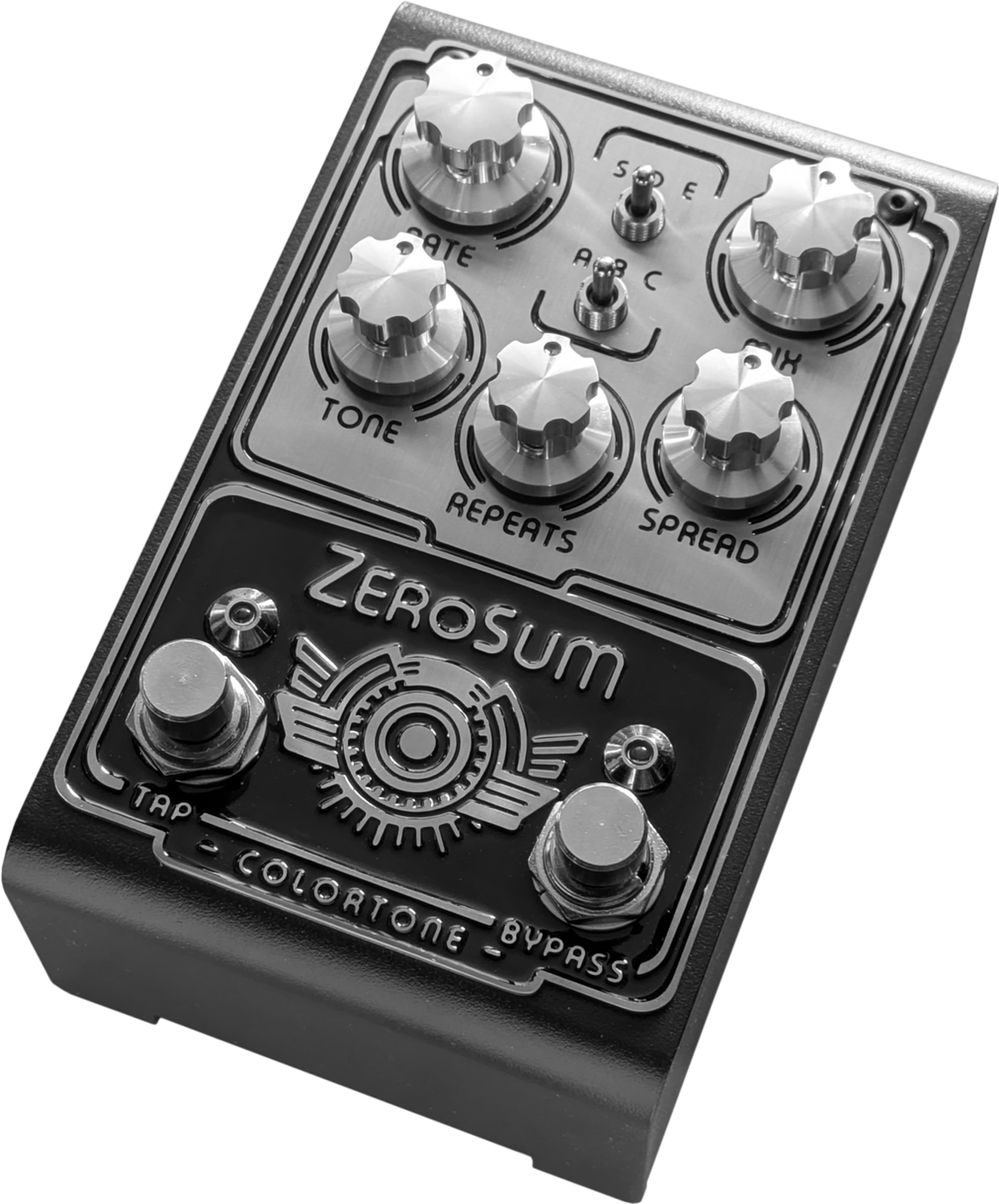 Colortone ZeroSum, angled top view, black enclosure, etched silver faceplate, Rate, Tone, Repeats, Spread and Mix knobs, Tap and Bypass footswitches