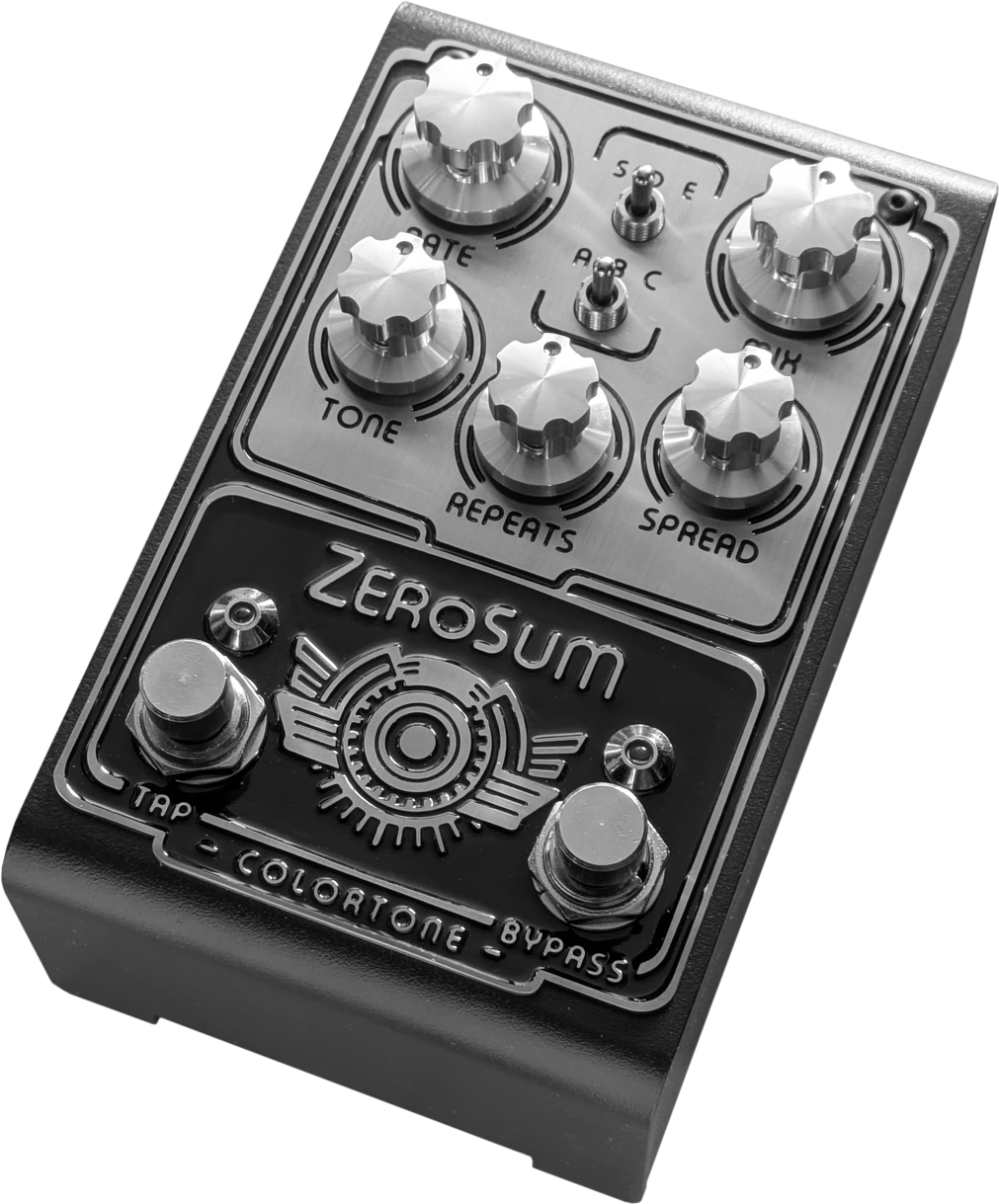 Colortone ZeroSum, angled top view, black enclosure, etched silver faceplate, Rate, Tone, Repeats, Spread and Mix knobs, Tap and Bypass footswitches