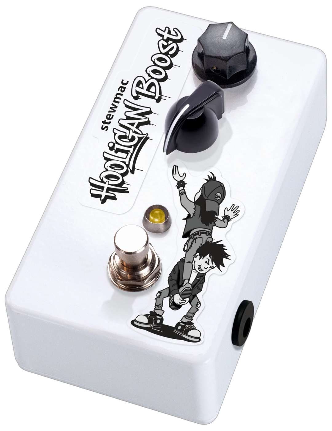 StewMac Hooligan Boost, top-down white enclosure, graffiti HOOLIGAN BOOST lettering, Range and Volume knobs, comic artwork