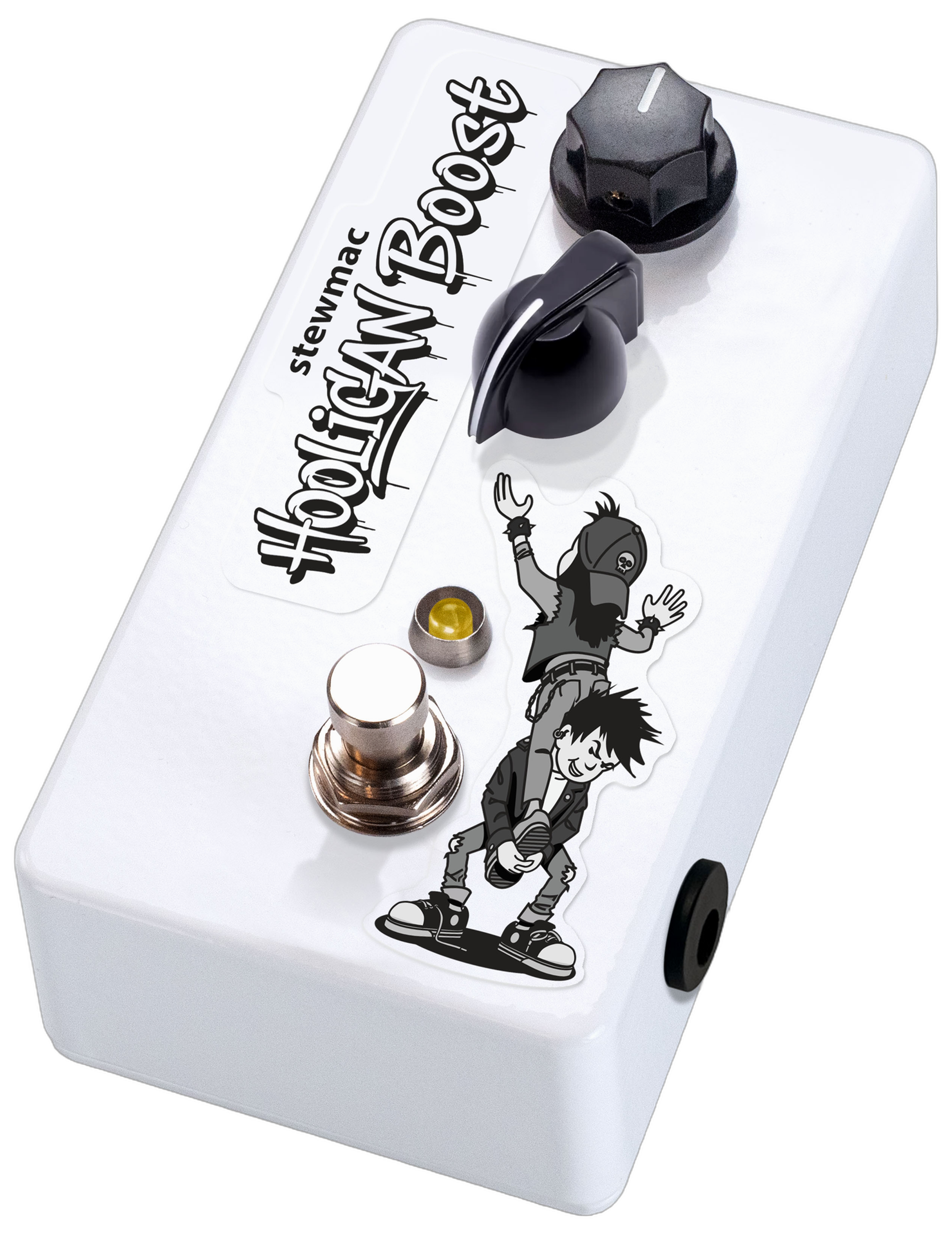 StewMac Hooligan Boost, top-down white enclosure, graffiti HOOLIGAN BOOST lettering, Range and Volume knobs, comic artwork